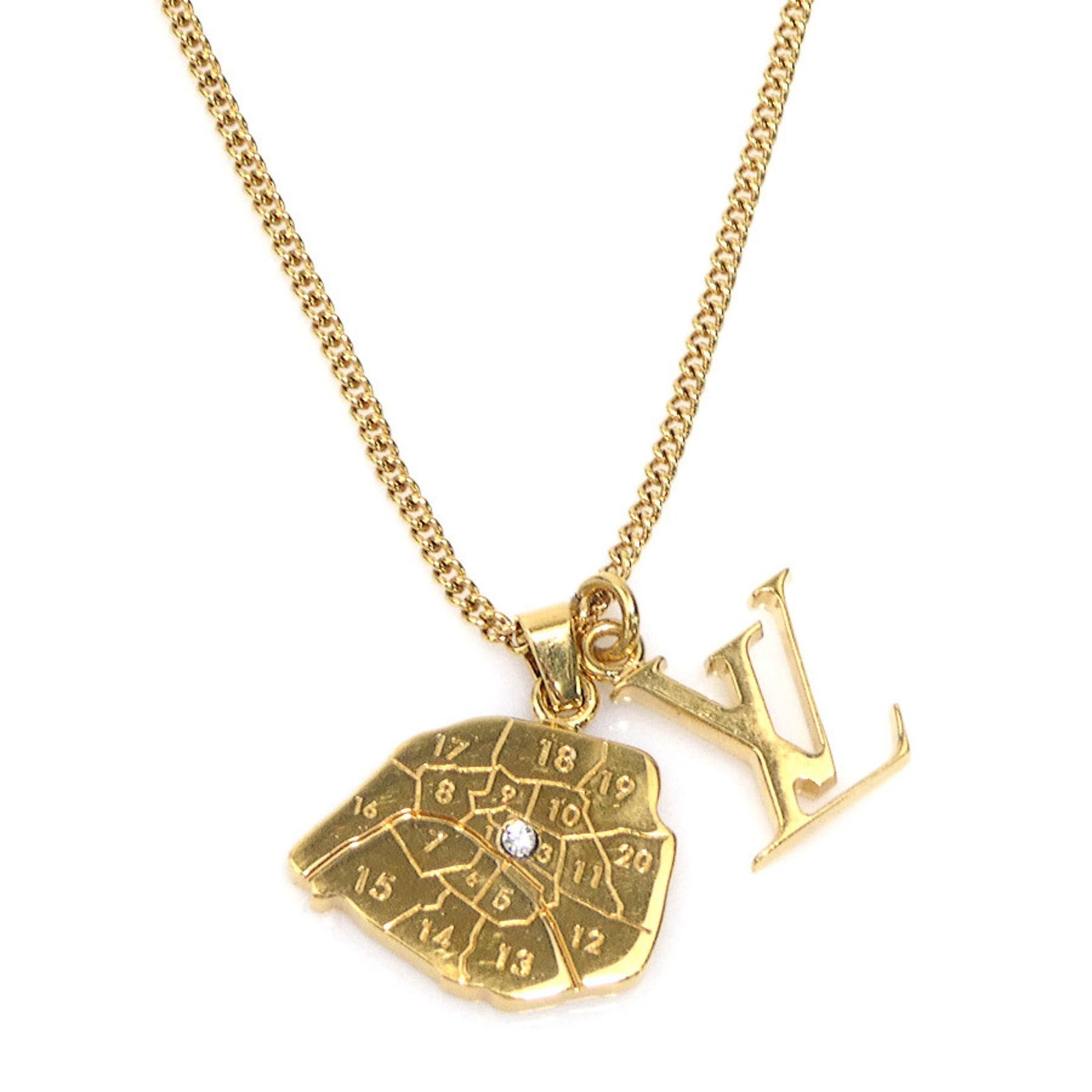 Map necklace gold metal city design for women lv initials louis vuitton collier m68261: Map necklace gold metal city design for women lv initials louis vuitton collier m68261 Gold metal city design necklace with LV initials, featuring a 64 cm gold chain and a 15mm x 20mm pendant. This