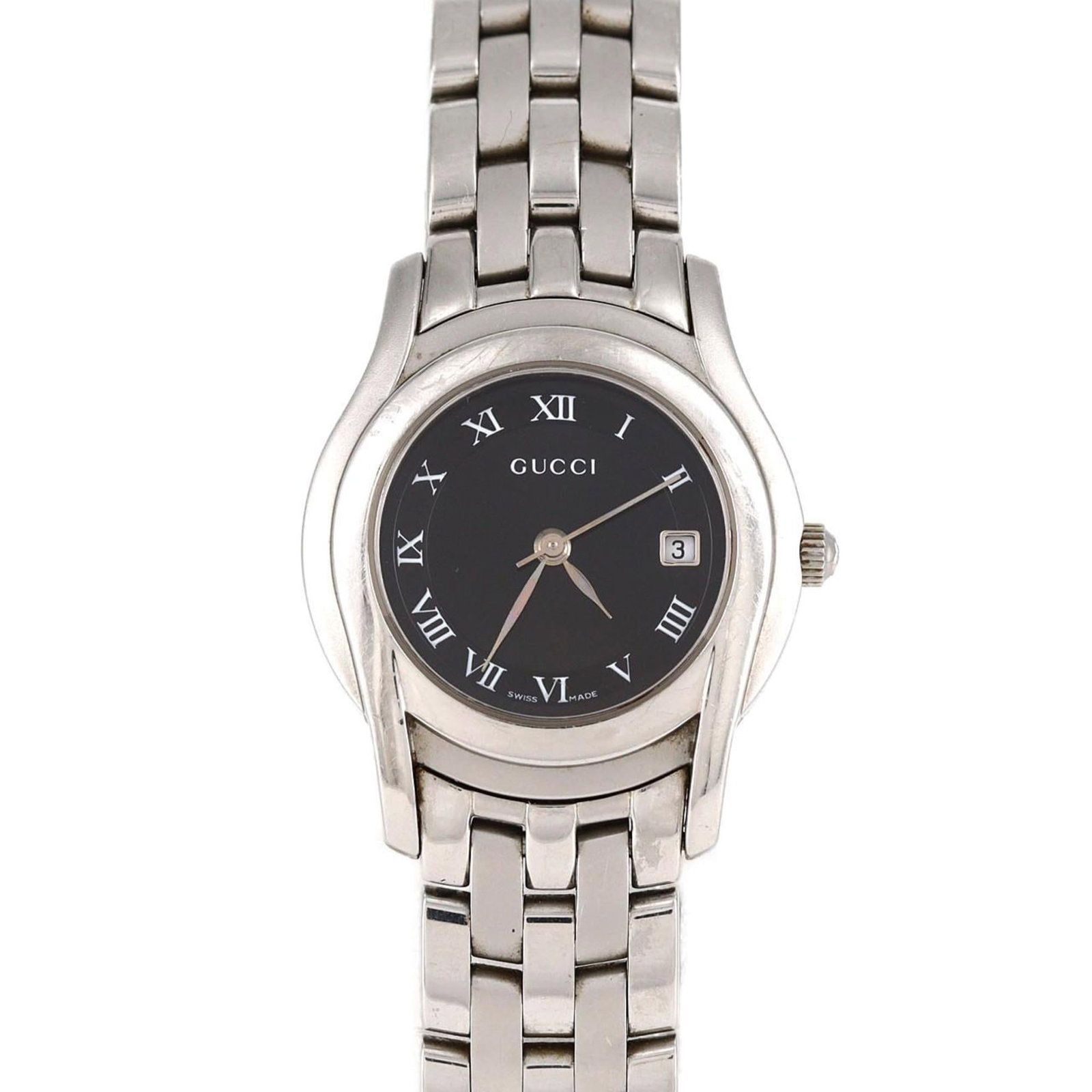 Gucci Wristwatch: Gucci Wristwatch Stainless steel case and band add a sleek touch to this black quartz wristwatch, measuring 27mm in diameter. Designed with a classic style, the watch features a simple yet elegant