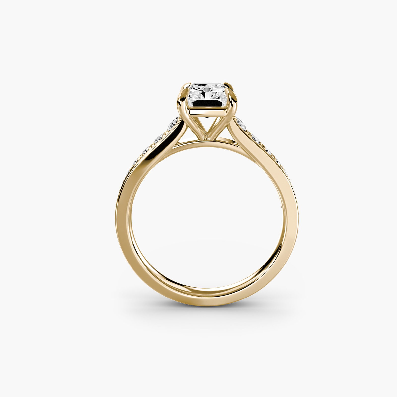 Pave Radiant 18Kt Yellow Gold Ring Setting: Pave Radiant 18Kt Yellow Gold Ring Setting Pave Radiant 18Kt Yellow Gold Ring Setting boasts 16 side stones totaling 0.283 carats, creating a radiant and eye-catching design. This new setting
