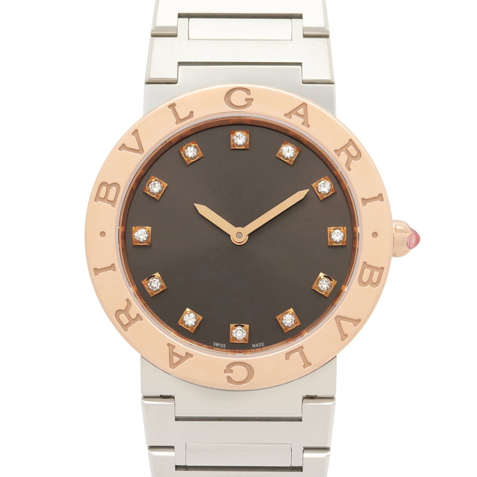 Bvlgari Wristwatch: Bvlgari Wristwatch Pink gold (18K) case and band, paired with a gray quartz movement, make for a striking combination in this Bvlgari women's wristwatch. The 33mm diameter case fits comfortably on