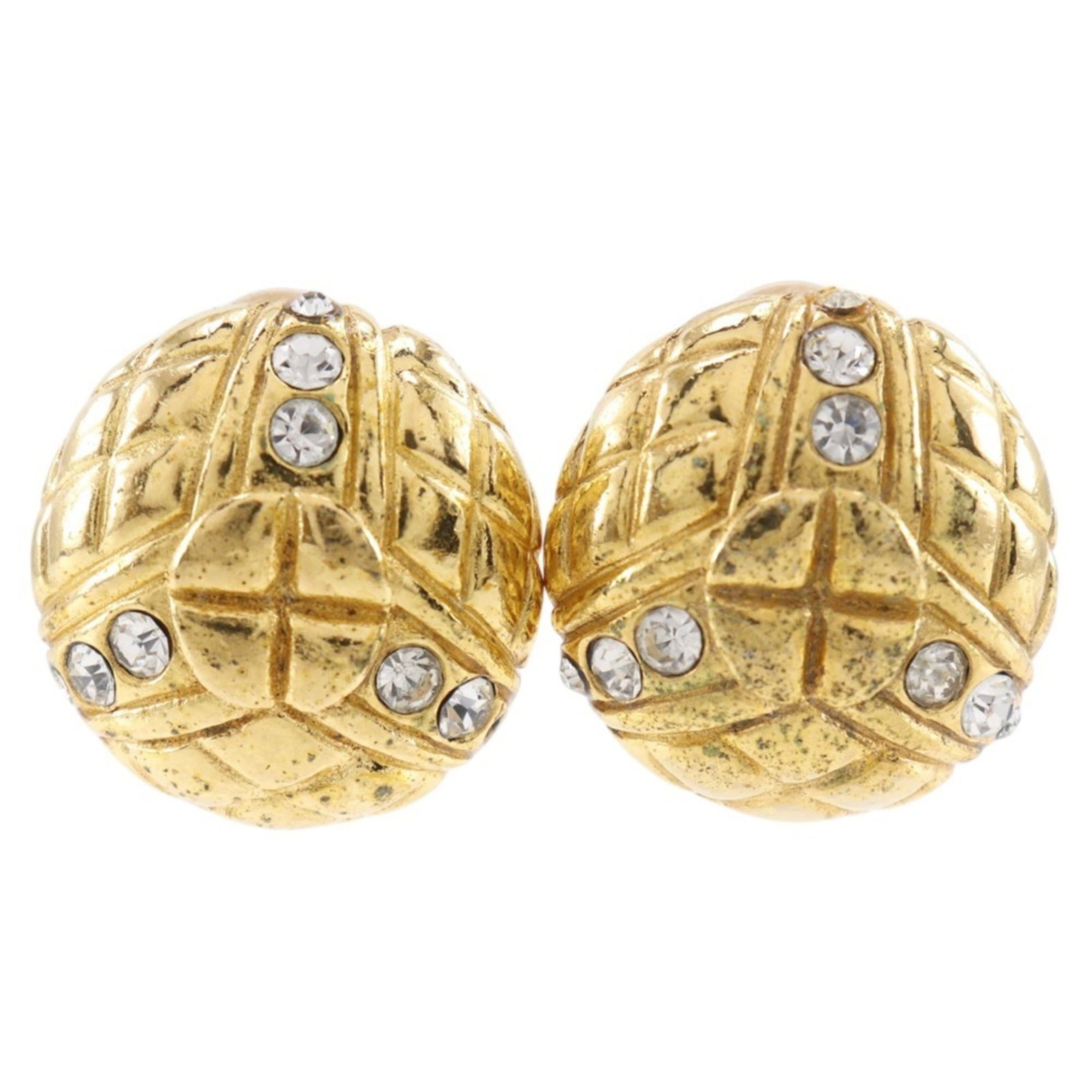 Clip earrings by Chanel: Clip earrings by Chanel Clip earrings by Chanel, featuring gold and rhinestone details in the classic Matelasse style. Made from high-quality materials, these vintage clip earrings measure 24mm x