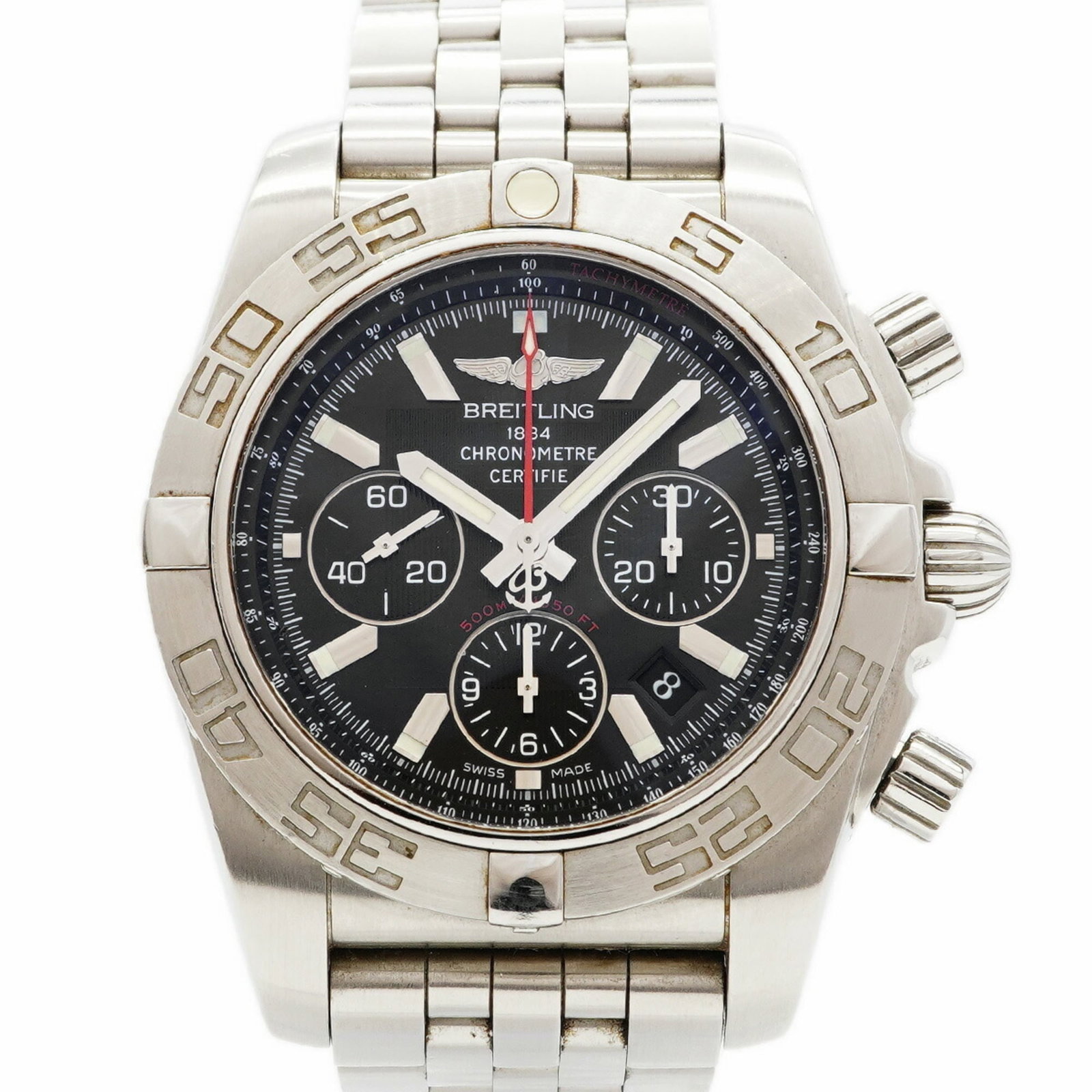 Breitling Wristwatch: Breitling Wristwatch Stainless steel band and black dial make for a sleek, modern look. This Breitling wristwatch features self-winding automatic movement and measures 43.8mm in diameter, suitable