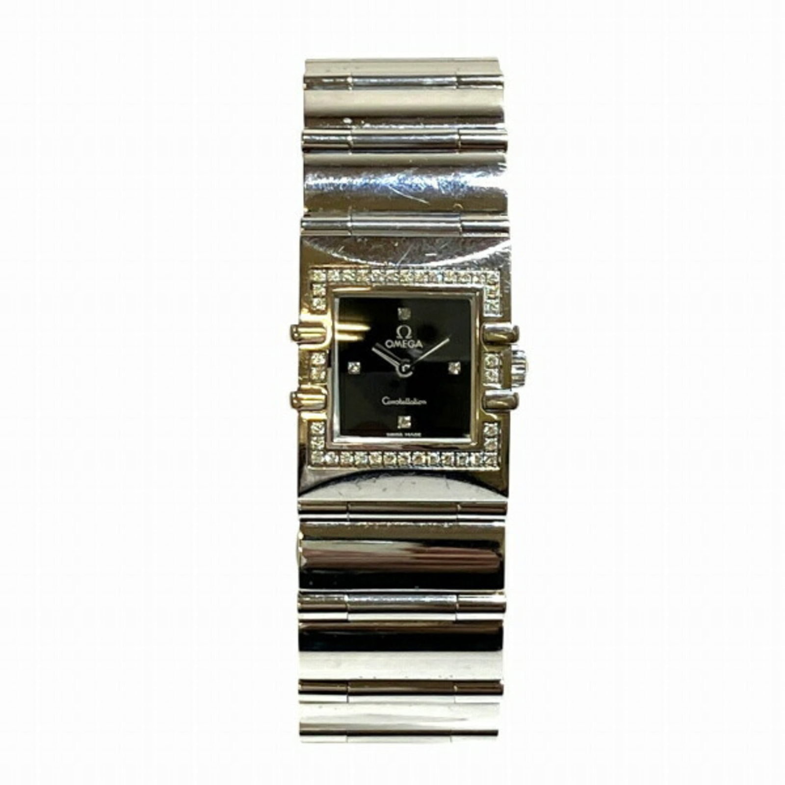 Wristwatch of Omega: Wristwatch of Omega Stainless steel case and band provide a sleek, modern look for women's wrists. This Omega quartz wristwatch features a black dial and measures 20.5mm in diameter, suitable for