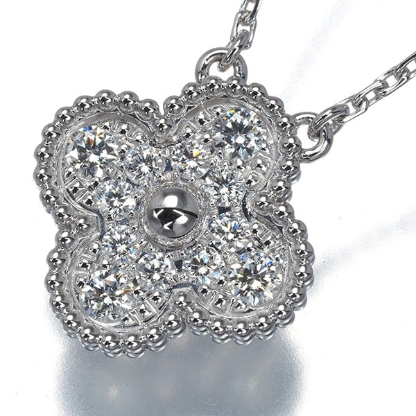 Diamond 750 White Gold Necklace Vintage Alhambra Van Cleef & Arpels: Diamond 750 White Gold Necklace Vintage Alhambra Van Cleef & Arpels 18k White Gold Diamond Pendant Necklace from Van Cleef & Arpels' Vintage Alhambra Collection. This exquisite piece features a