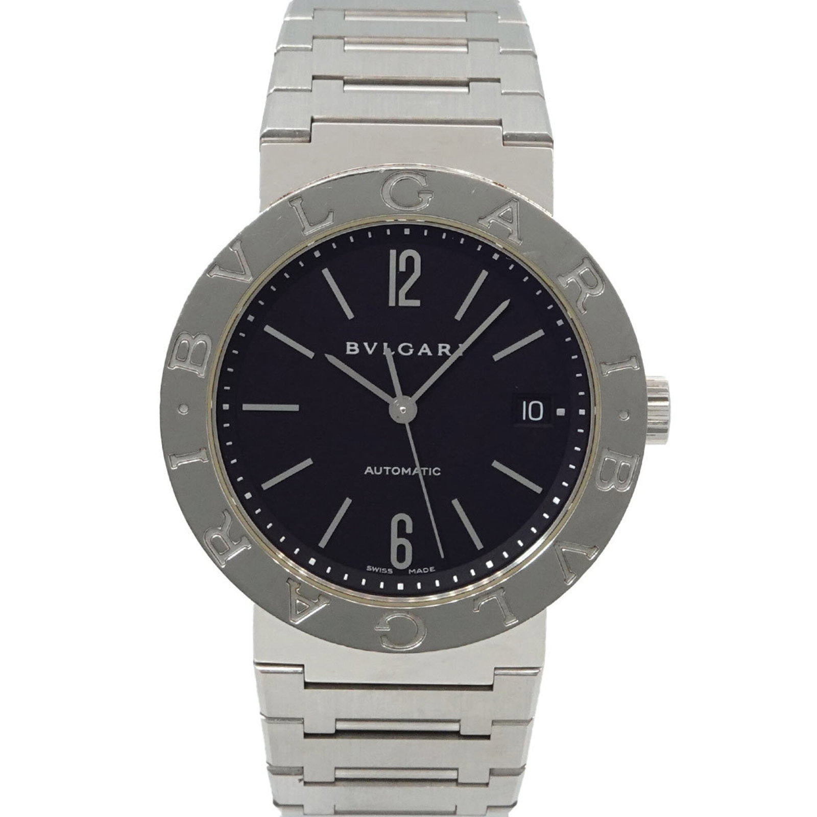 Bvlgari Wristwatch: Bvlgari Wristwatch Stainless steel case and band, black dial, self-winding automatic movement, and a sleek 38mm design make this Bvlgari wristwatch a stylish accessory for everyday wear. The watch's