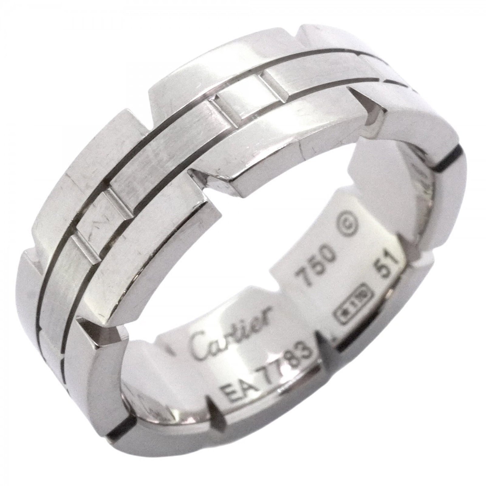 Gold White Ring Cartier Band: Gold White Ring Cartier Band White gold (18K) Cartier band ring with a sleek design, featuring a signature from the artist. This elegant piece is made from high-quality white gold and boasts a