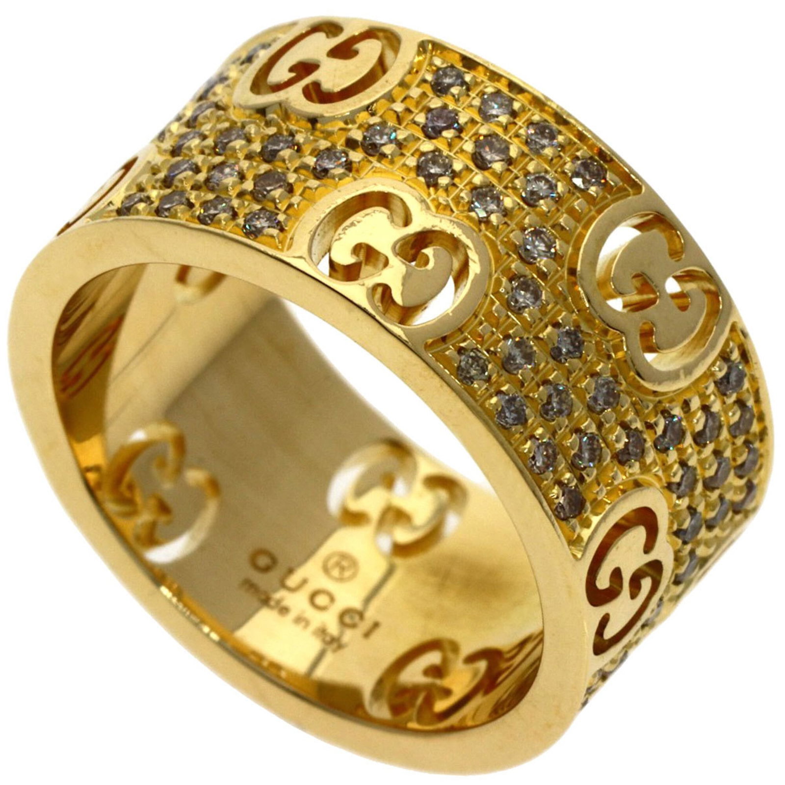 Gucci Icon Stardust Wide Diamond Ring #10 18K Yellow Gold Women'S.: Gucci Icon Stardust Wide Diamond Ring #10 18K Yellow Gold Women'S. Gucci Icon Stardust Wide Diamond Ring #10 is set in 18K yellow gold, featuring a wide diamond design. This women's ring boasts a stri