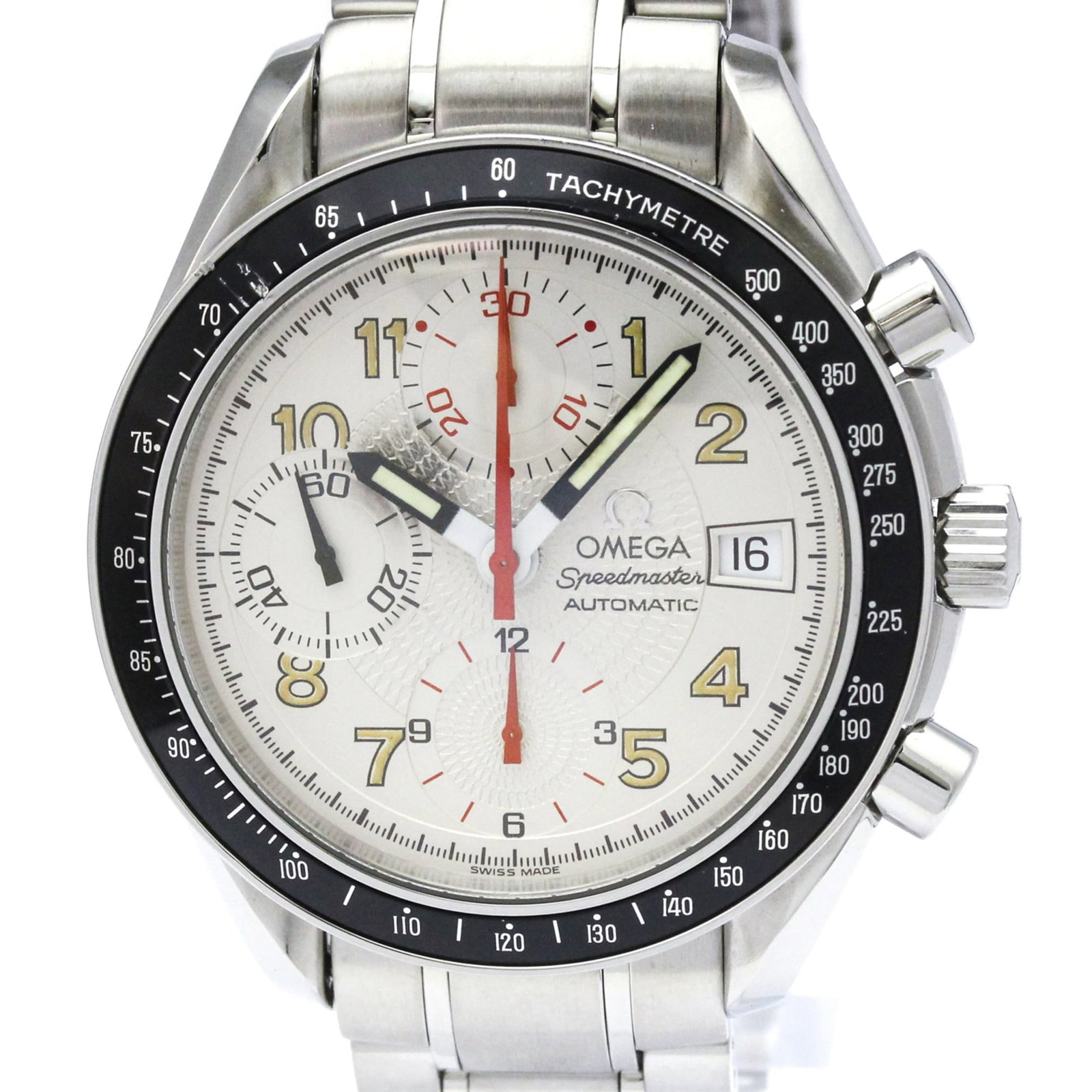 Wristwatch of Omega: Wristwatch of Omega Stainless steel case and band, the Omega Speedmaster 3513.33 wristwatch boasts a silver dial with chronograph and date functions. With its self-winding automatic movement and