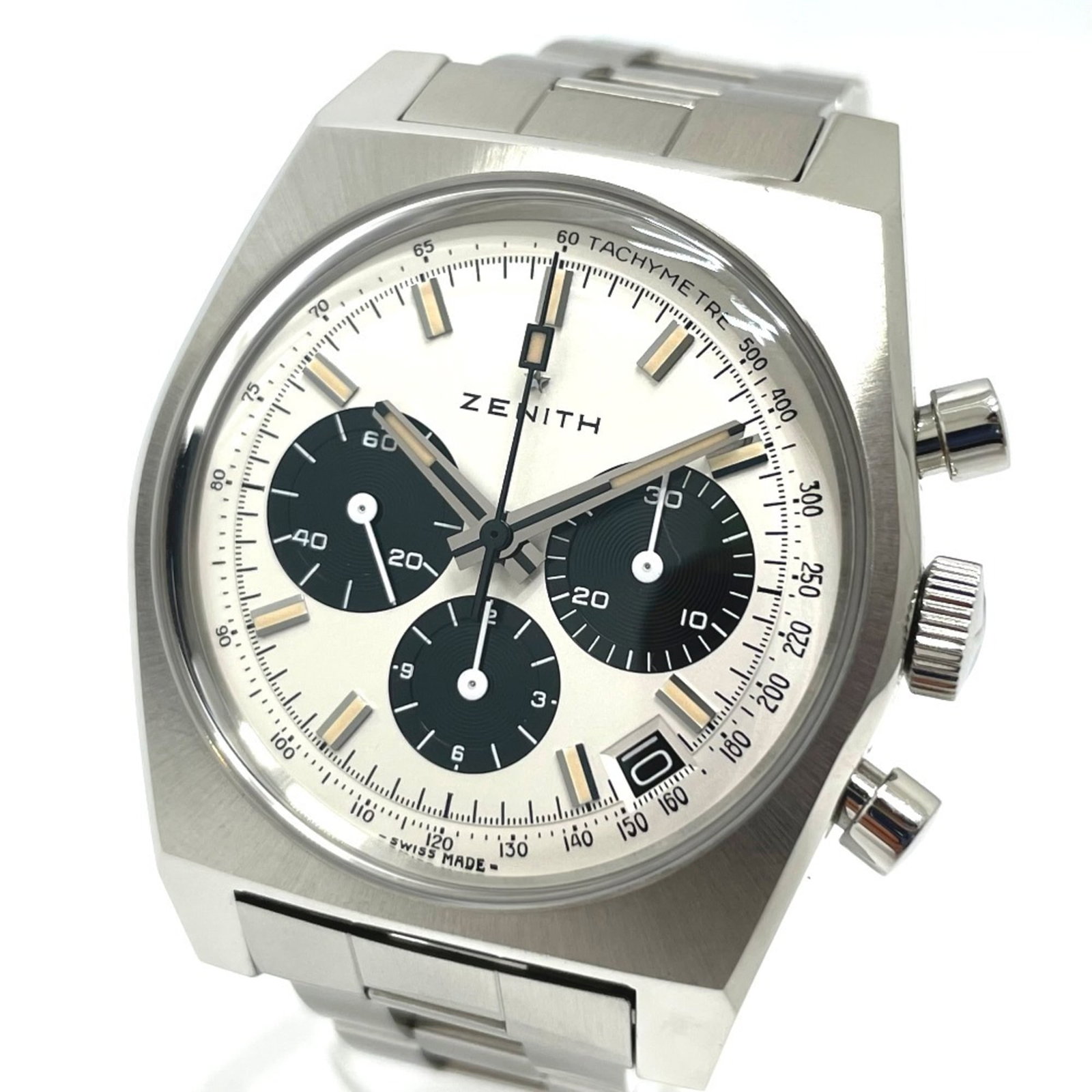 Wristwatch at Zenith: Wristwatch at Zenith Stainless steel case and band, white dial, and automatic self-winding movement make this Zenith wristwatch a solid choice for those who value simplicity and reliability. The