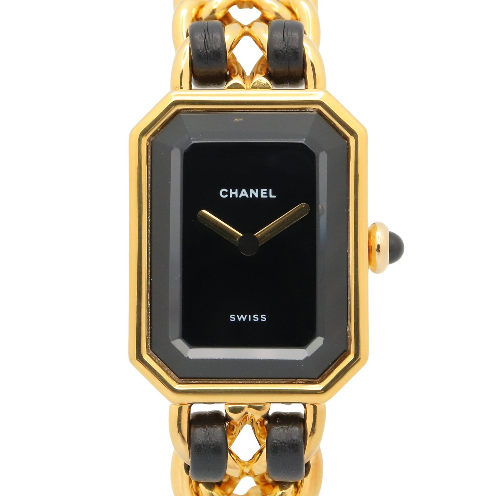 Chanel Wristwatch: Chanel Wristwatch Gold plated Chanel wristwatch with black dial, featuring a 20mm case diameter and adjustable gold plated leather band. This quartz-powered timepiece boasts a sleek design with a