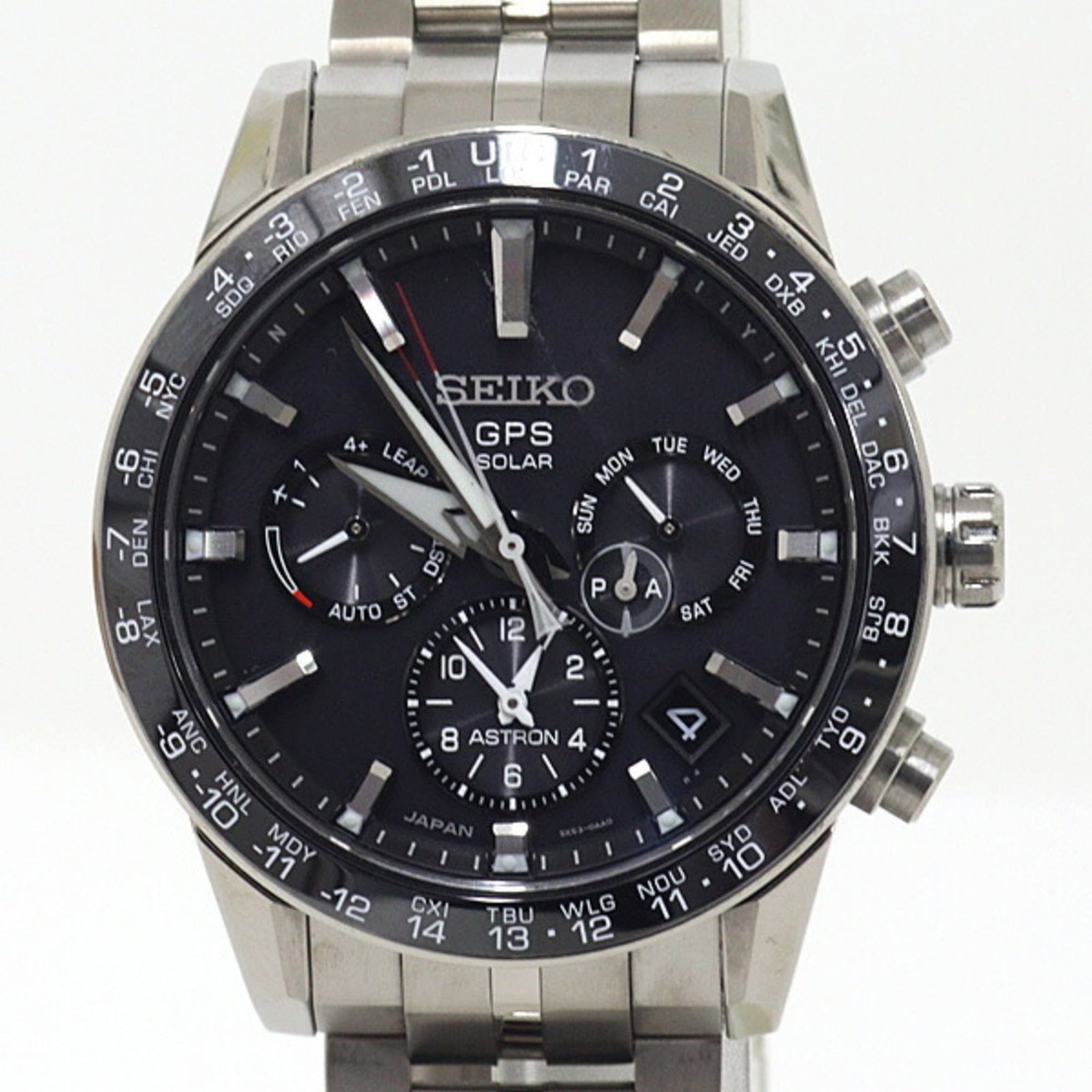 Wristwatch by Seiko: Wristwatch by Seiko Seiko's SBXC003 wristwatch boasts a sleek, black dial and stainless steel case and band, making it a stylish accessory for everyday wear. Powered by radio wave control solar