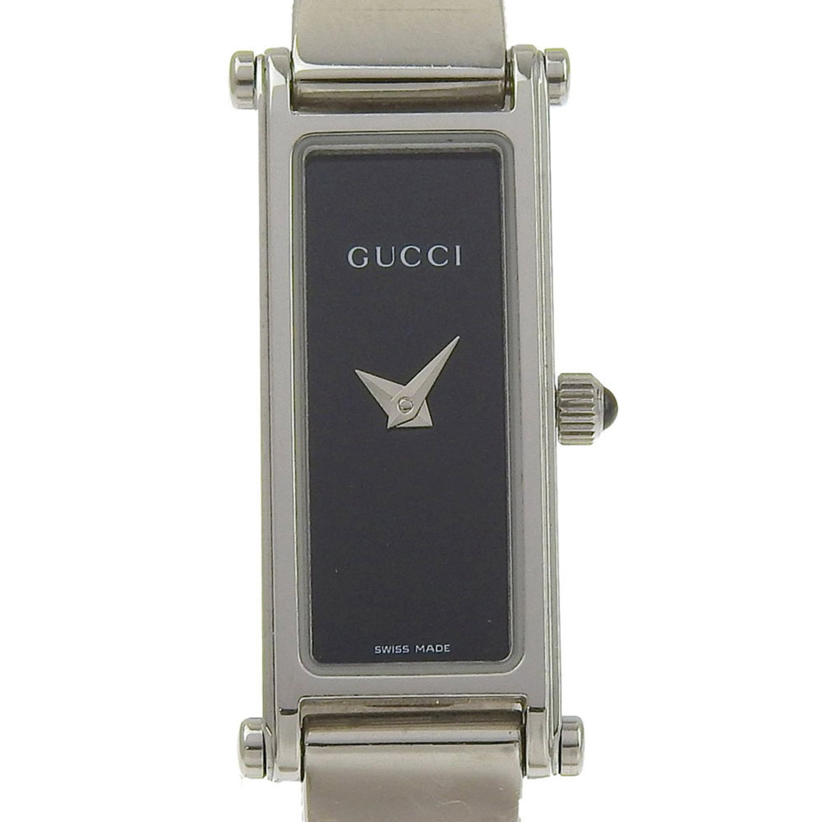 Gucci Wristwatch: Gucci Wristwatch Stainless steel case and band provide a sleek, modern look for the Gucci wristwatch. The black dial stands out against the neutral background, while the quartz movement ensures
