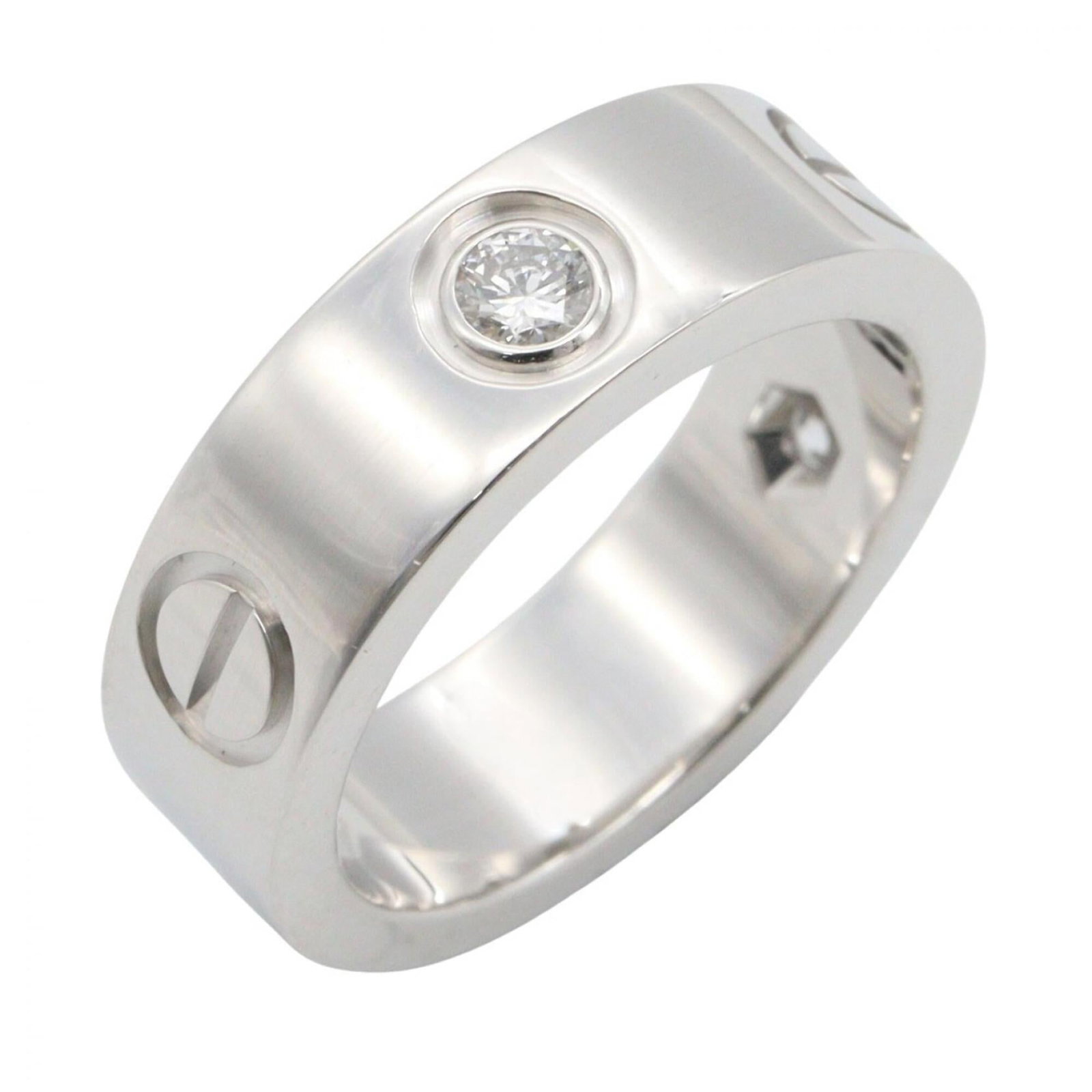 Gold White Ring Cartier Band: Gold White Ring Cartier Band White gold (18K) Cartier band ring features a clear, silver setting and a diamond stone. The US size is 3.5 and the JP size is 6.5. This Cartier band ring is made from 18K