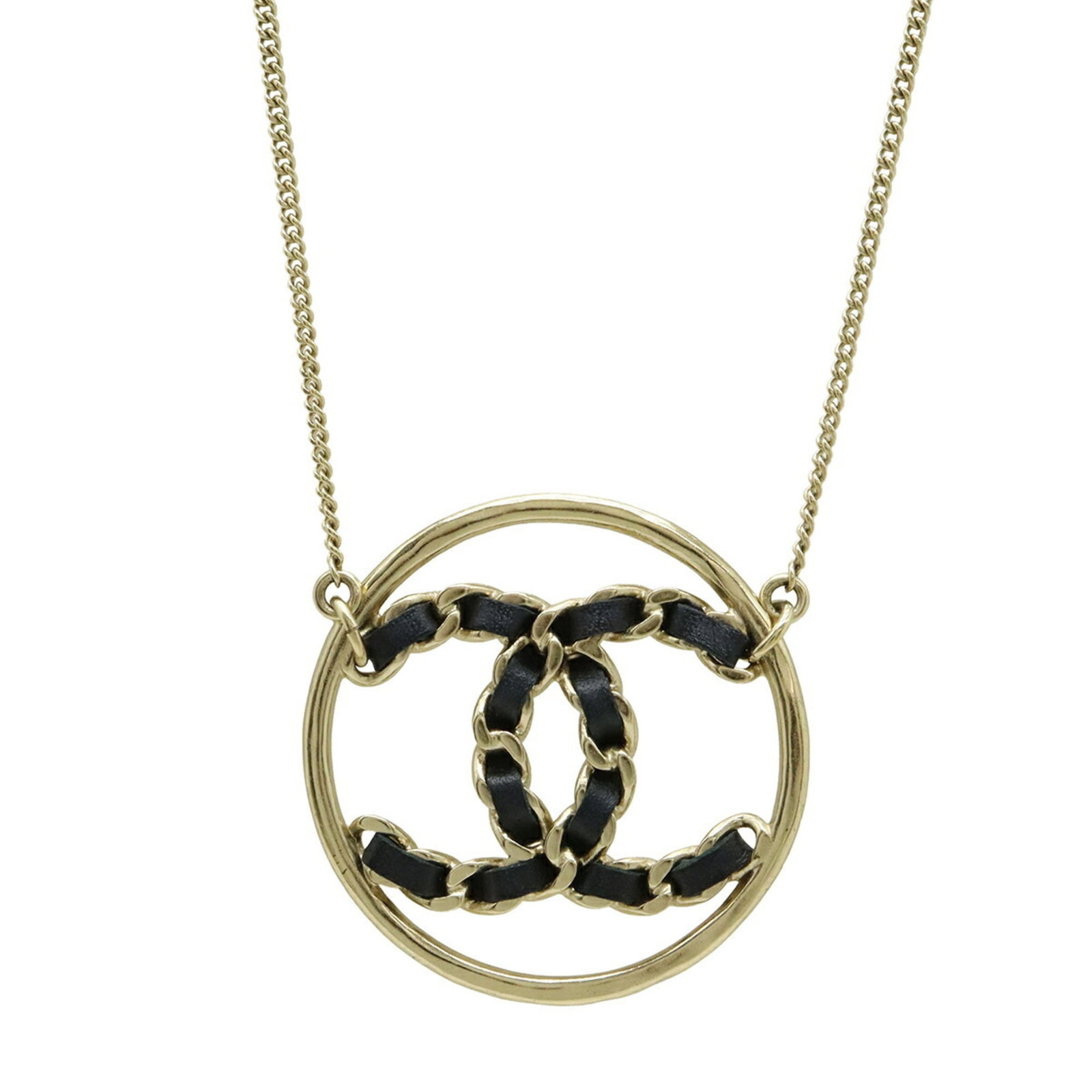 Chain Gold Leather Black Coco Chanel Mark Circle Necklace Pendant B19: Chain Gold Leather Black Coco Chanel Mark Circle Necklace Pendant B19 Chain Gold Leather Black Coco Chanel Mark Circle Necklace Pendant B19 - A sleek and sophisticated black leather necklace