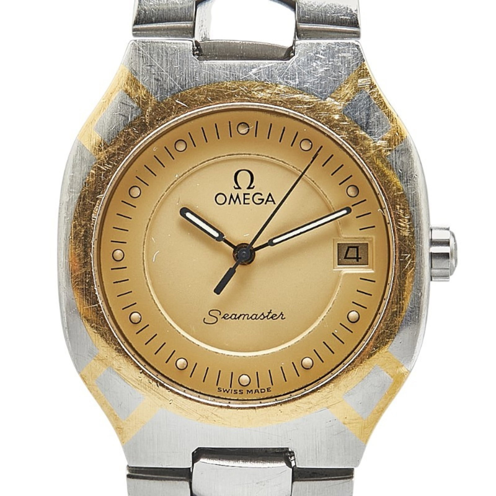 Wristwatch of Omega: Wristwatch of Omega Stainless steel and yellow gold case and band, with an elegant gold dial, make for a sophisticated timepiece. This Omega quartz wristwatch features an analog display and includes t