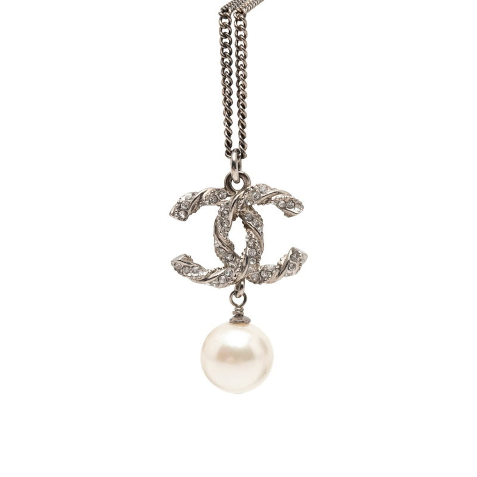 Chanel Coco Mark Chain Pendant Necklace C14V Stamped Silver Metal Faux Pearl Rhinestone Women'S: Chanel Coco Mark Chain Pendant Necklace C14V Stamped Silver Metal Faux Pearl Rhinestone Women'S Chanel's iconic Coco Mark Chain Pendant Necklace boasts a striking silver metal design, complete with