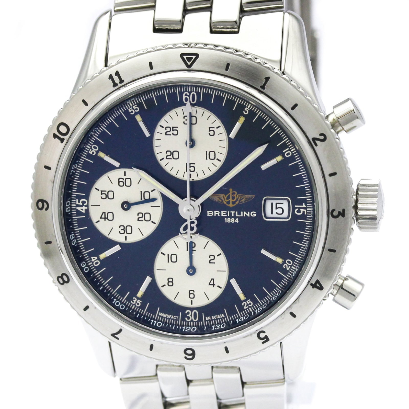 Breitling Wristwatch: Breitling Wristwatch Stainless steel case and band, the Breitling Navitimer A13023.1 wristwatch boasts a sporty design with a blue dial. Powered by a self-winding automatic movement, this chronograph