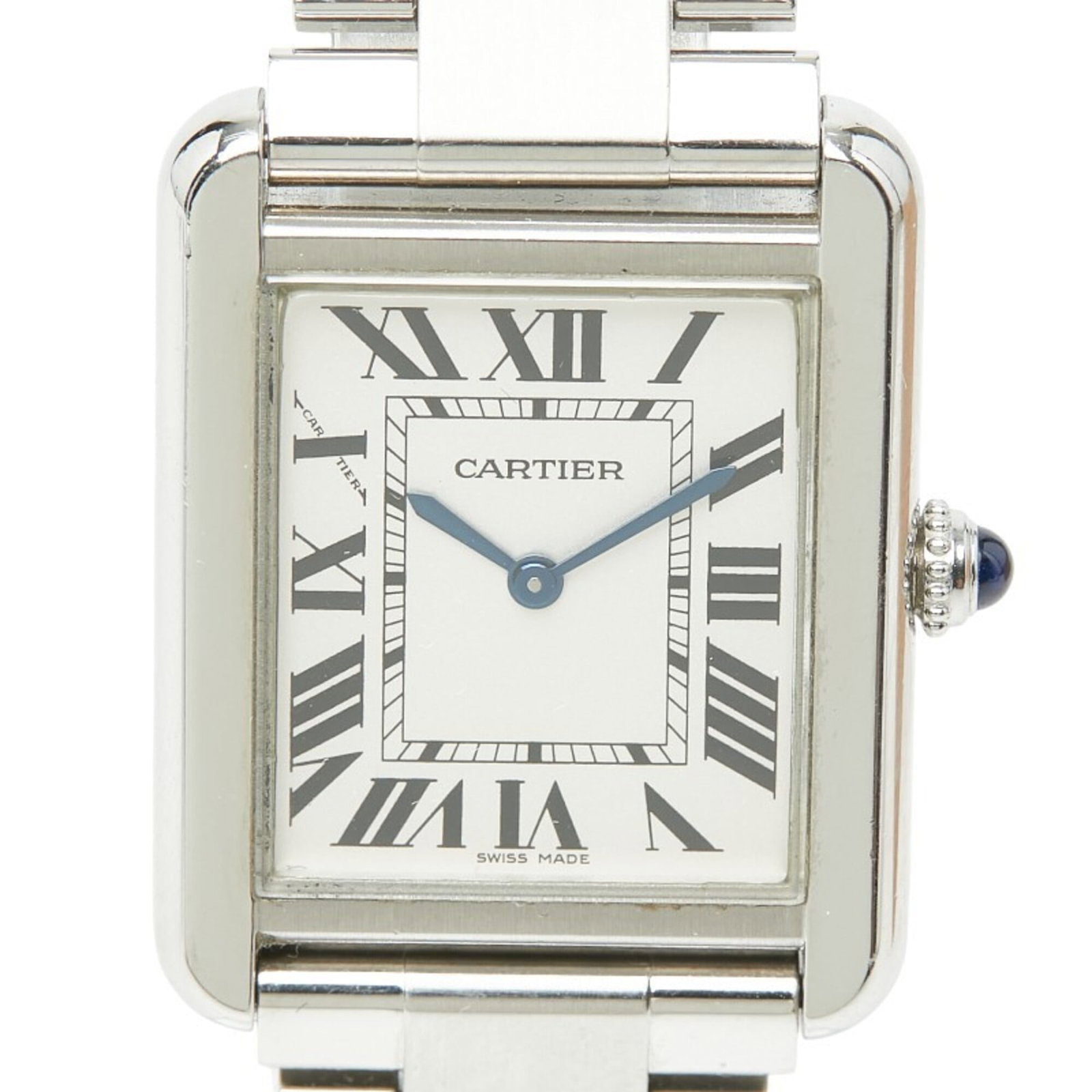 Wristwatch By Cartier: Wristwatch By Cartier Stainless steel case and band provide a sleek, modern look for the Cartier wristwatch. The white dial stands out against its minimalist background, while the quartz movement