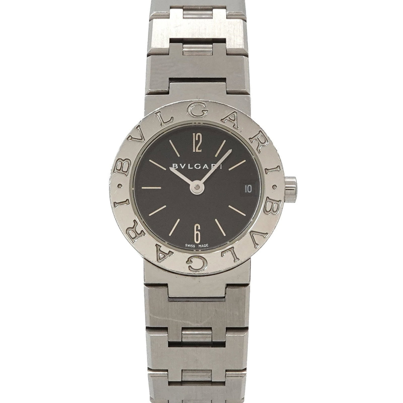 Bvlgari Wristwatch: Bvlgari Wristwatch Stainless steel case and band add a sleek touch to this Bvlgari quartz wristwatch, featuring a black dial. With its compact size at 23mm, it's designed for women who appreciate