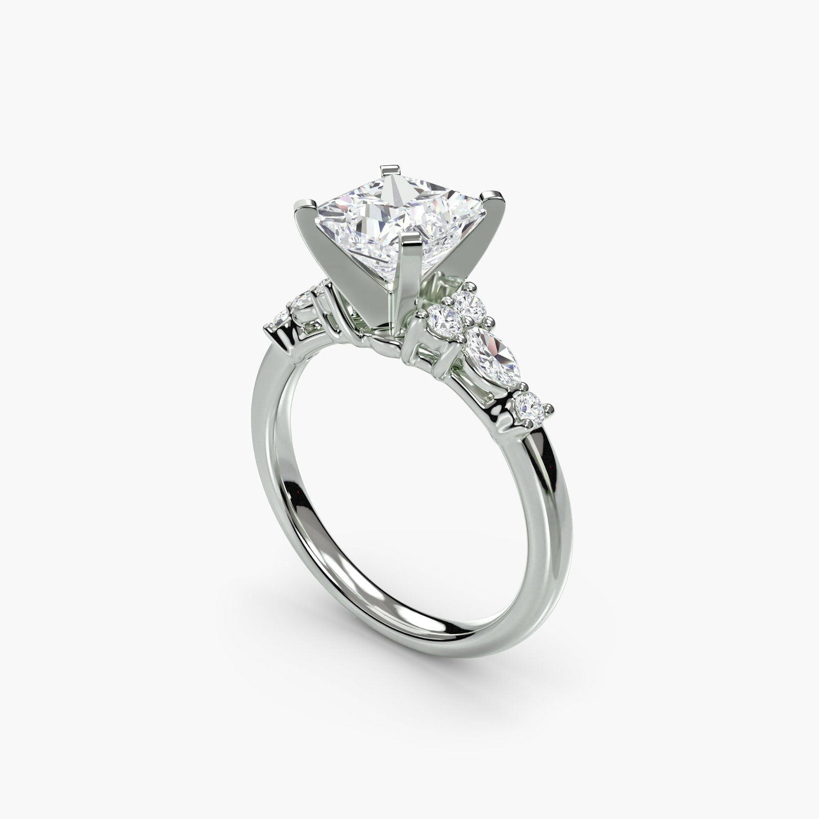 Side Stone Princess 18Kt White Gold Ring Setting - 5
