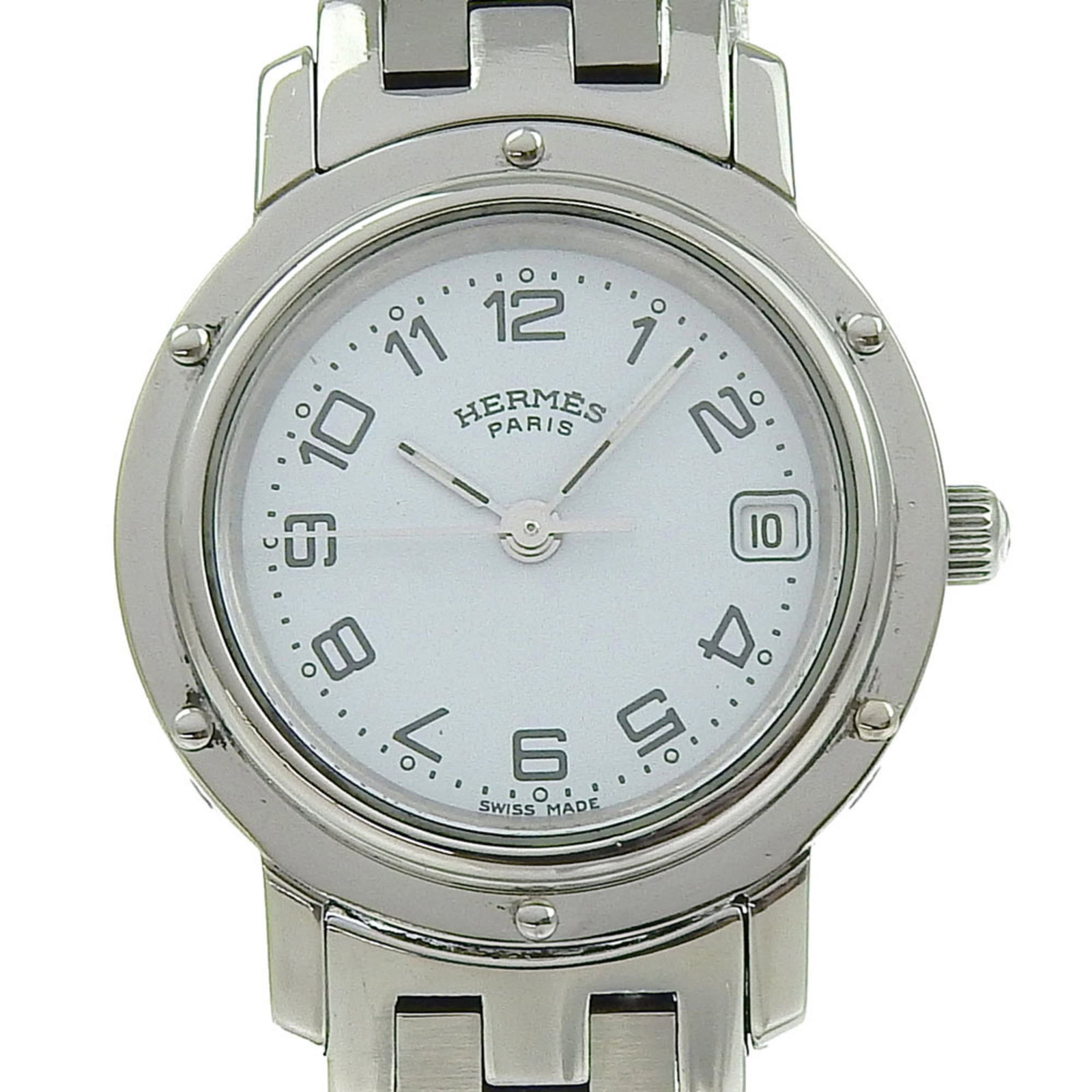 Hermes Wristwatch: Hermes Wristwatch Stainless steel case and band, this Hermes wristwatch features an analog display with a white dial. The quartz movement ensures accurate timekeeping, while the date function adds