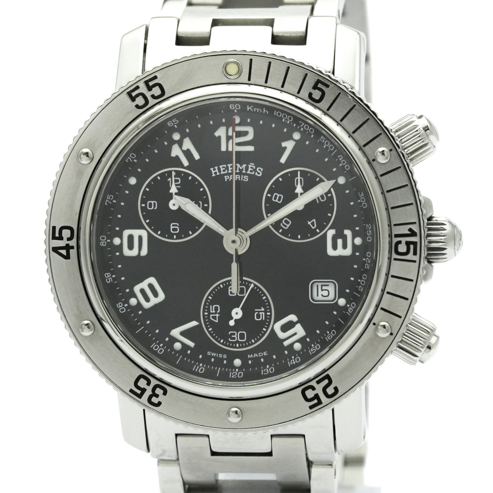 Hermes Wristwatch: Hermes Wristwatch Stainless steel case and band provide a sleek, modern look for the sporty Clipper watch from Hermes. The black dial features a quartz movement with chronograph and date functions,