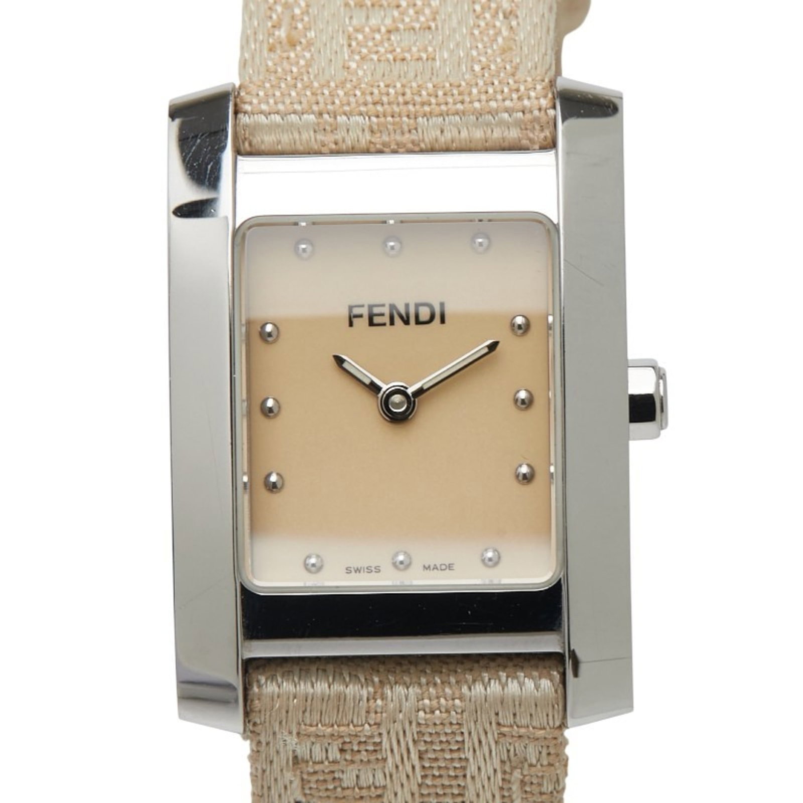 Fendi Wristwatch: Fendi Wristwatch Stainless steel case and leather band create a sleek, sophisticated look for the Fendi wristwatch. The beige quartz movement powers a timepiece with a classic design, while its 21.4mm
