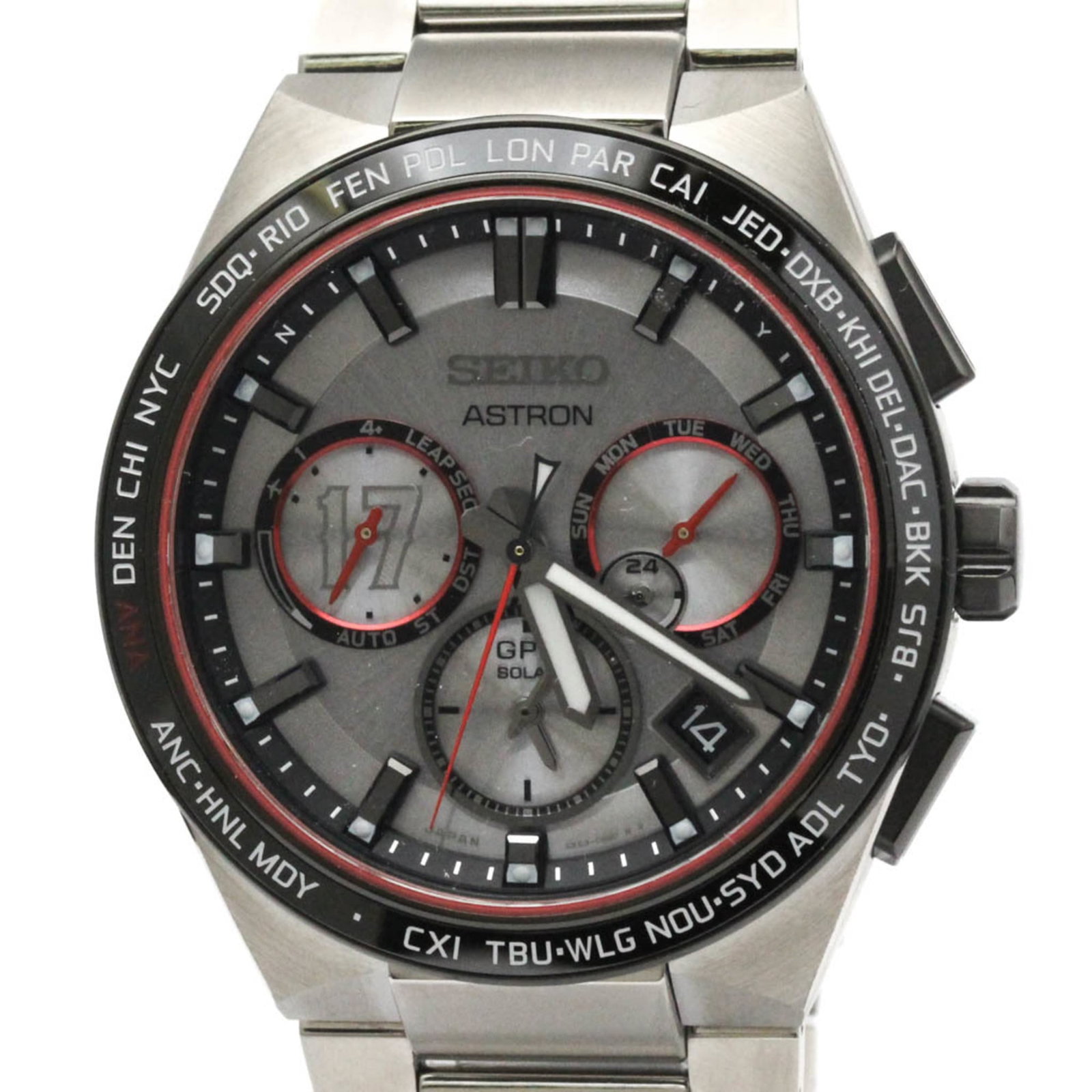 Wristwatch by Seiko: Wristwatch by Seiko Titanium case and band for durability, silver dial for a sleek finish. This Seiko Astron SBXC125 features radio wave control solar technology and chronograph functionality, making