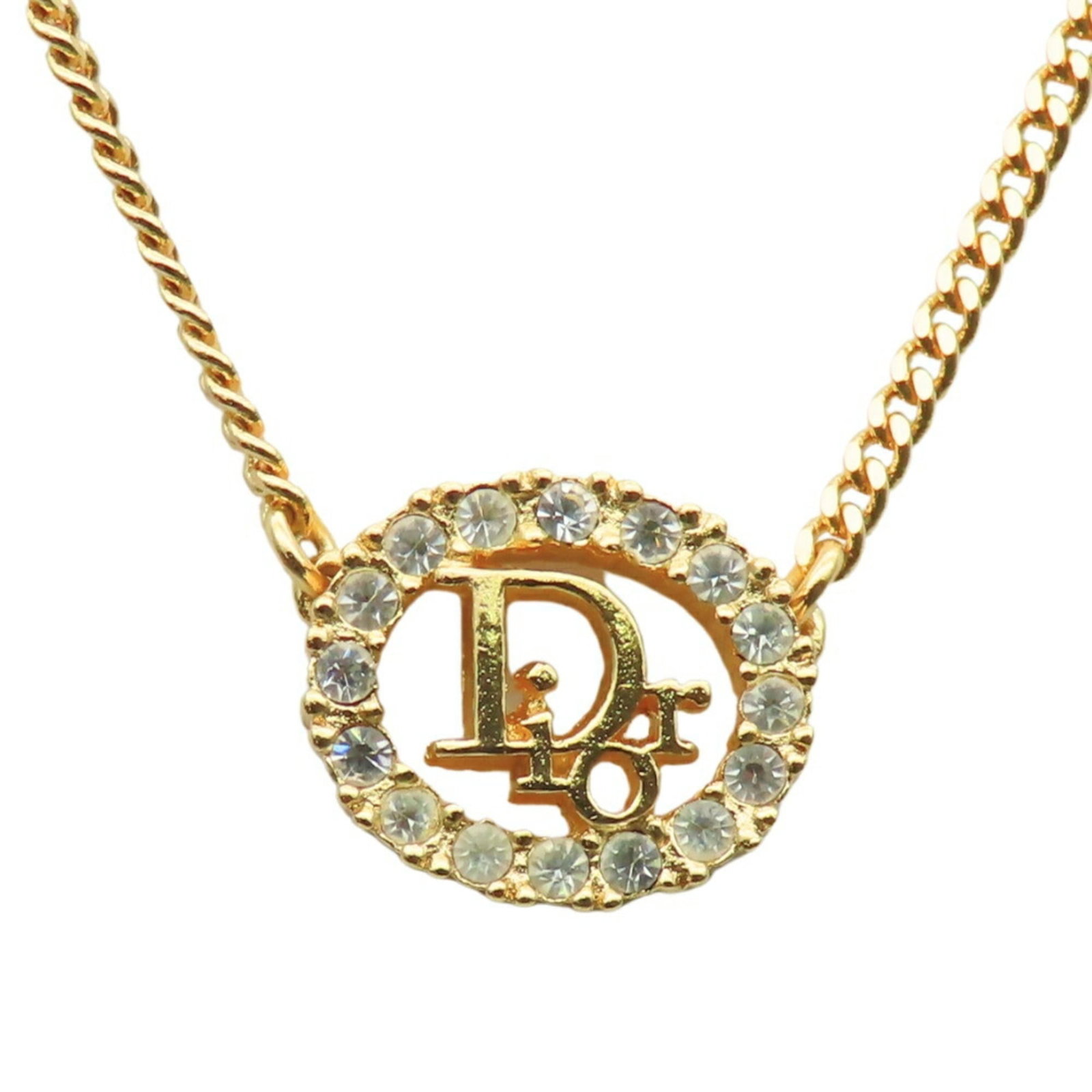 Women's gold plated rhinestone necklace by Christian Dior: Women's gold plated rhinestone necklace by Christian Dior Gold plated rhinestone necklace by Christian Dior, featuring a 42.5 cm / 16.73'' adjustable neck circumference and a pendant measuring 13.8mm