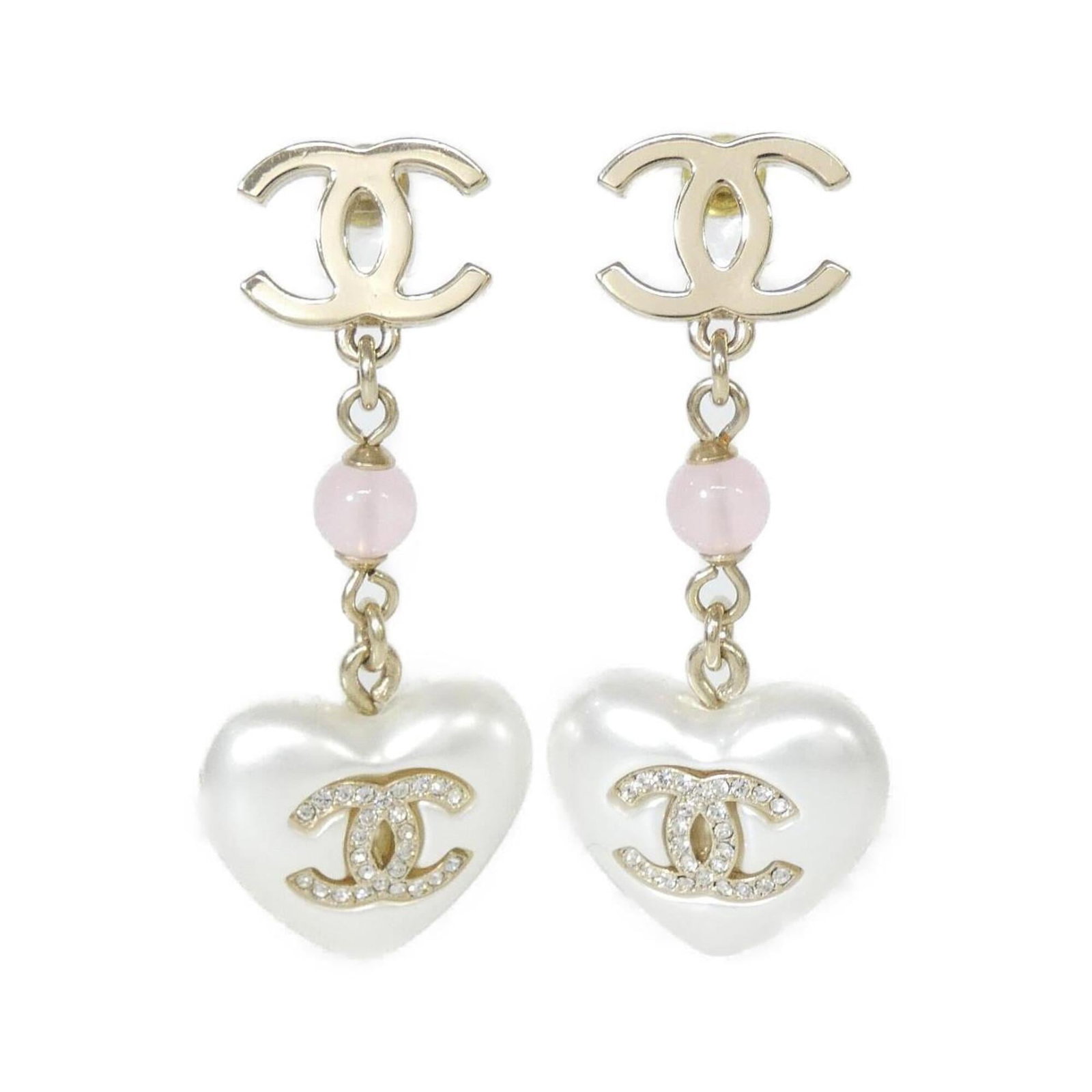 Chanel Drop Earrings: Chanel Drop Earrings Gold, Pink, and White drop earrings featuring artificial pearl and crystal details, measuring 50.00mm x 20.00mm in size. The Chanel brand is associated with these stylish earrings