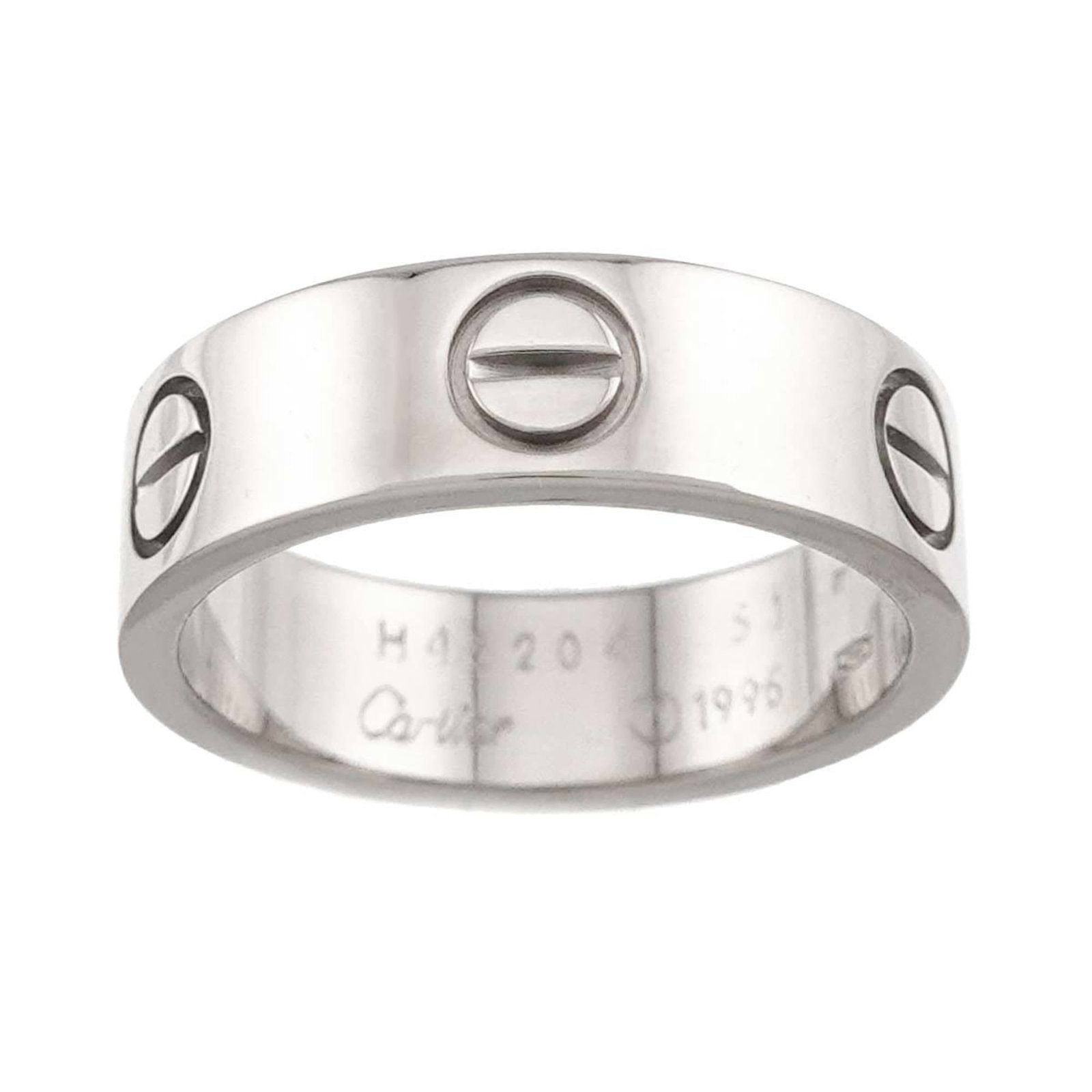 Gold White Ring Cartier Band: Gold White Ring Cartier Band White gold (18K) Cartier band ring with a sleek design, featuring a signature from the artist. This elegant piece is made from high-quality white gold and boasts a