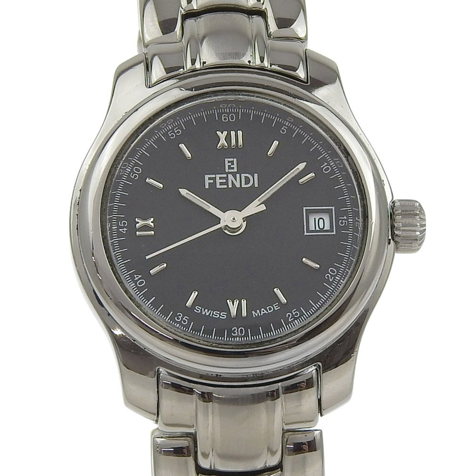 Fendi Wristwatch: Fendi Wristwatch Stainless steel case and band, the Fendi wristwatch boasts a sleek black dial. With its quartz movement and date display, this timepiece keeps pace with modern life. Measuring 26mm