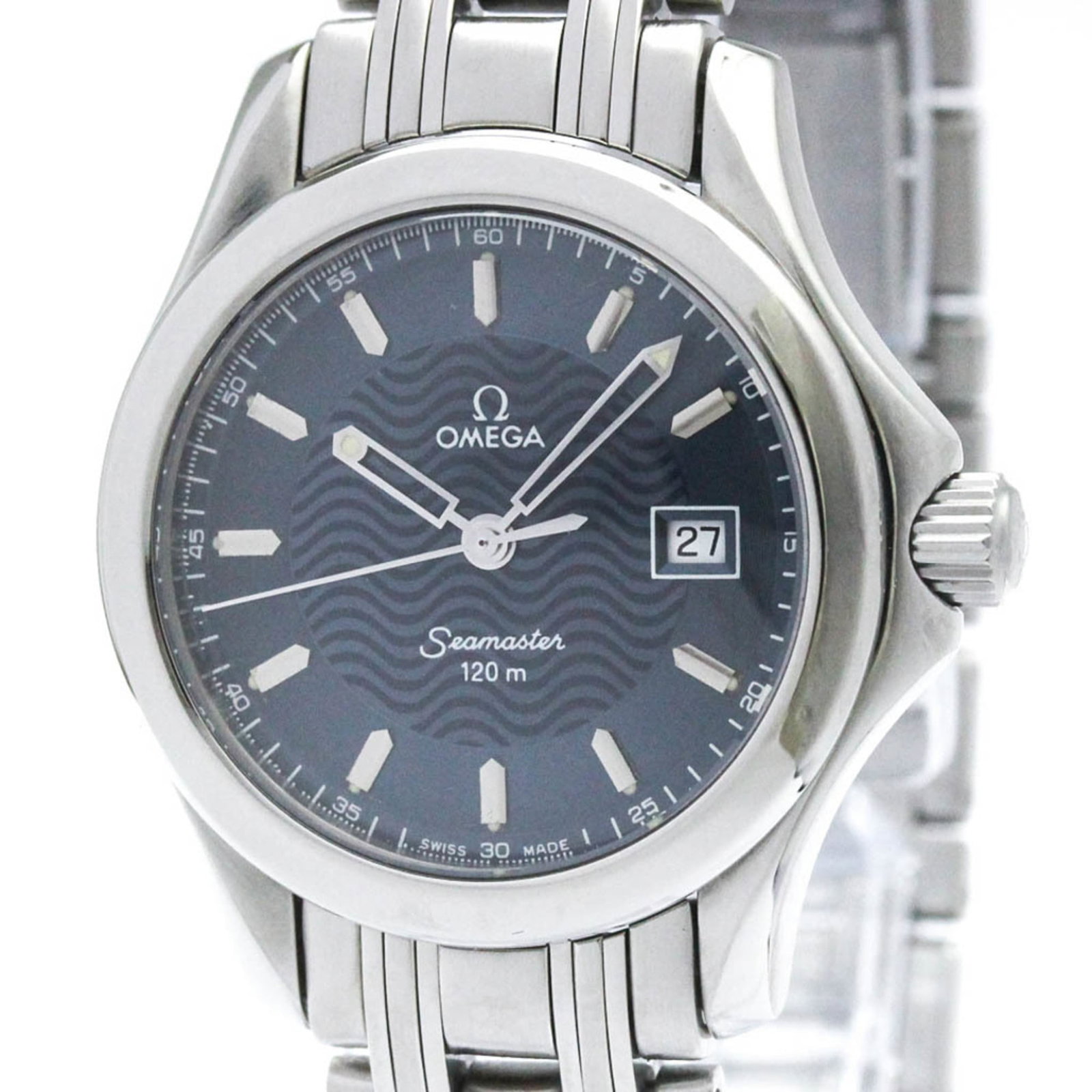 Wristwatch of Omega: Wristwatch of Omega Stainless steel case and band provide a sleek, sporty look for the Omega Seamaster watch. The blue dial stands out with its vibrant color, while the quartz movement ensures