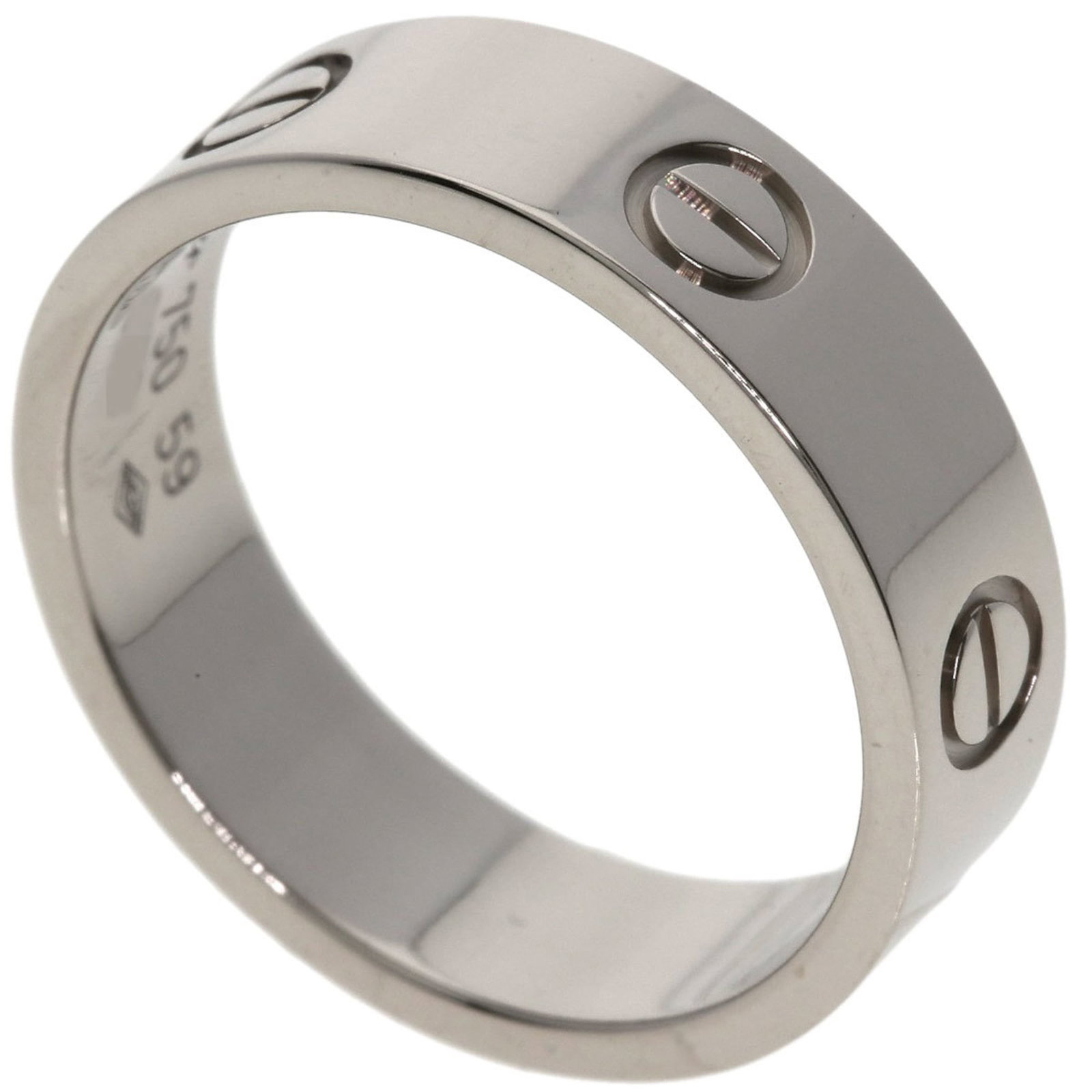 Gold White Ring Cartier Band: Gold White Ring Cartier Band White gold (18K) Cartier band ring with a classic design, available in US size 9.5 and Japanese size 19. This elegant ring features a signature from the artist, adding a