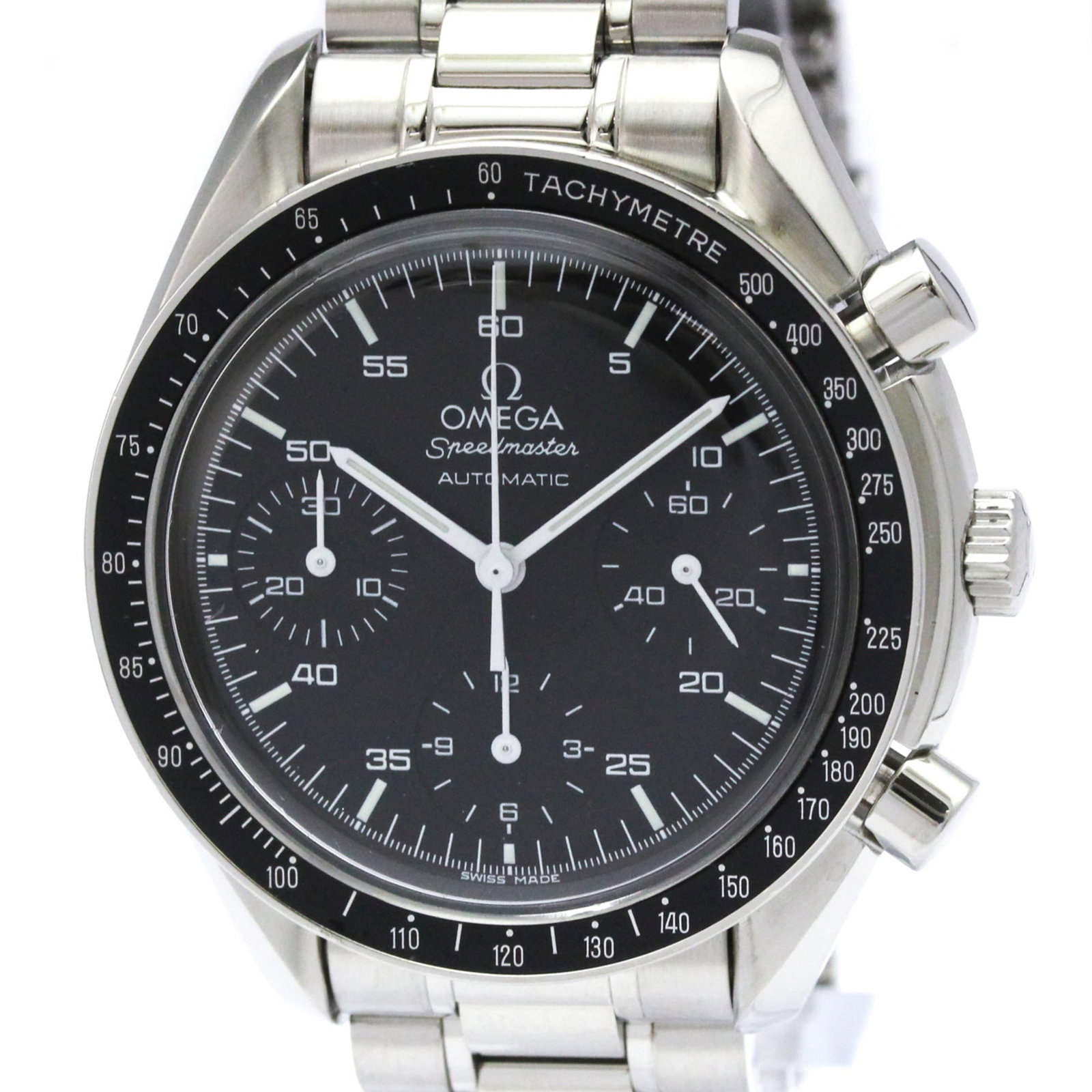 Wristwatch of Omega: Wristwatch of Omega Stainless steel case and band, the Omega Speedmaster 3510.50 wristwatch boasts a sleek black dial. Powered by a self-winding automatic movement, this chronograph watch features a