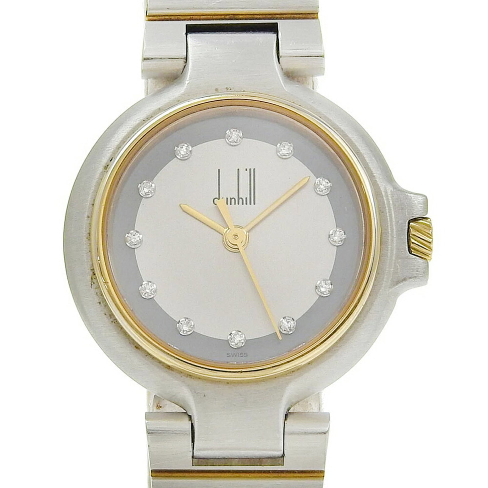 Wristwatch from Dunhill: Wristwatch from Dunhill Stainless steel case and band provide a sleek, modern look for the Dunhill wristwatch. The gray dial features a diamond gemstone, adding a touch of elegance to this
