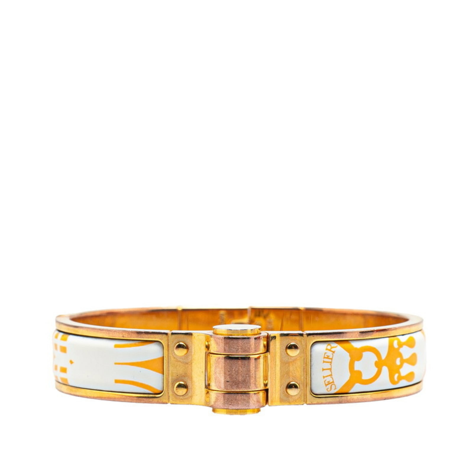 Hermes Bangle: Hermes Bangle Gold and Orange Hermes Bangle, 16cm / 6.29'' in length, comes with its original box and dust bag for added convenience. This bangle features a striking combination of gold and orange