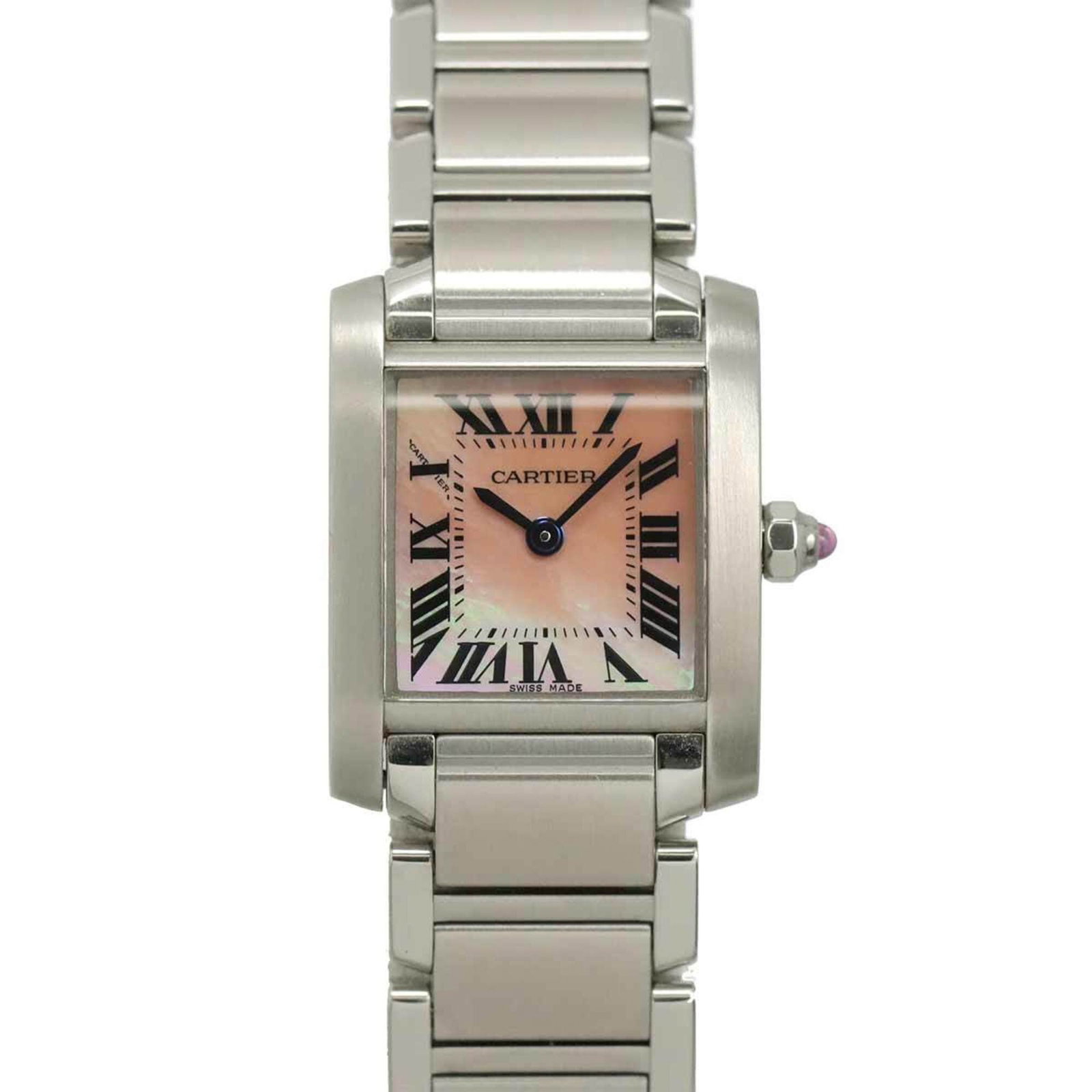 Wristwatch By Cartier: Wristwatch By Cartier Stainless steel case and band, pink shell dial, and quartz movement make for a sleek and modern timepiece. This Cartier wristwatch boasts a durable design with a 20mm diameter