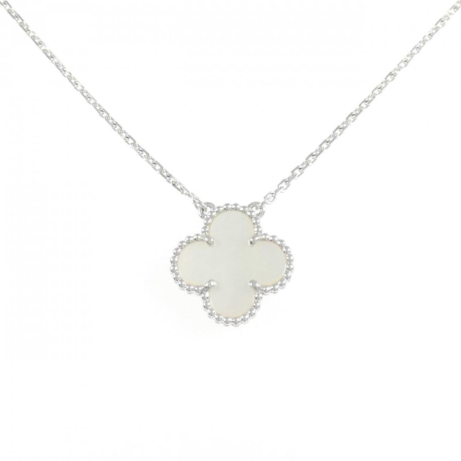 Alhambra Necklace of Van Cleef & Arpels: Alhambra Necklace of Van Cleef & Arpels Alhambra Necklace of Van Cleef & Arpels features a stunning mother of pearl pendant set in white gold (18K). The necklace boasts a classic design with a pendant