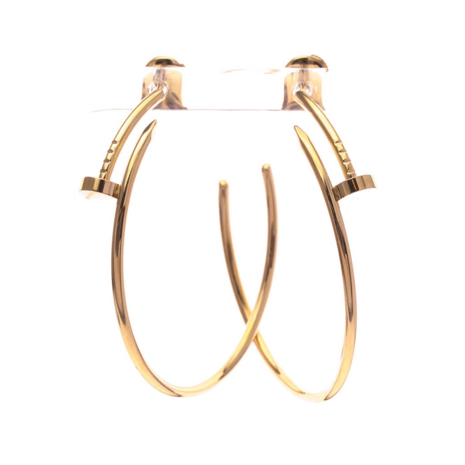 Pink Gold Cartier Hoop Earrings 18k: Pink Gold Cartier Hoop Earrings 18k Pink gold Cartier Juste un Clou hoop earrings, crafted from 18k metal, feature a striking pink hue and sleek design. Measuring 43.50mm in diameter, these elegant