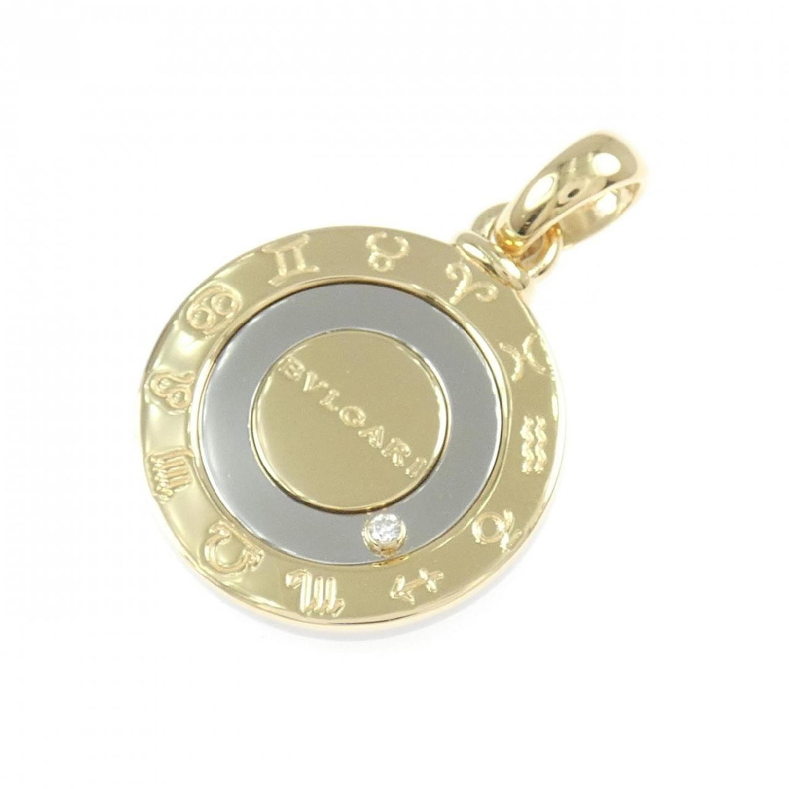 Bvlgari Horoscope Pendant: Bvlgari Horoscope Pendant Bvlgari Horoscope Pendant features a sleek design with a silver and yellow gold finish, set with a diamond. The pendant measures 34.7mm x 22.9mm and is made from stainless
