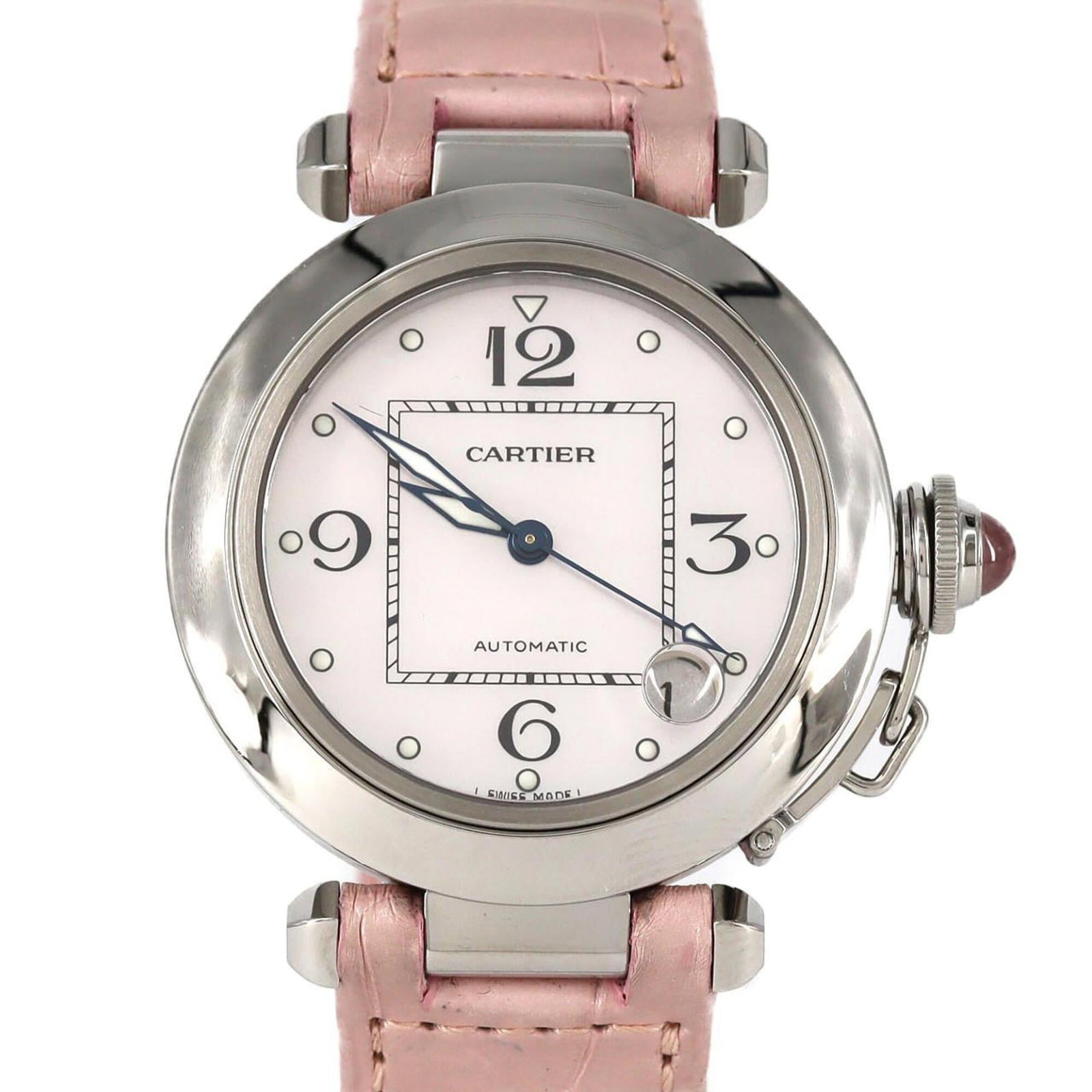 Wristwatch By Cartier: Wristwatch By Cartier Stainless steel case with a pink shell dial, this Cartier wristwatch boasts a sleek and sophisticated design. Powered by a self-winding automatic movement, it features a compact