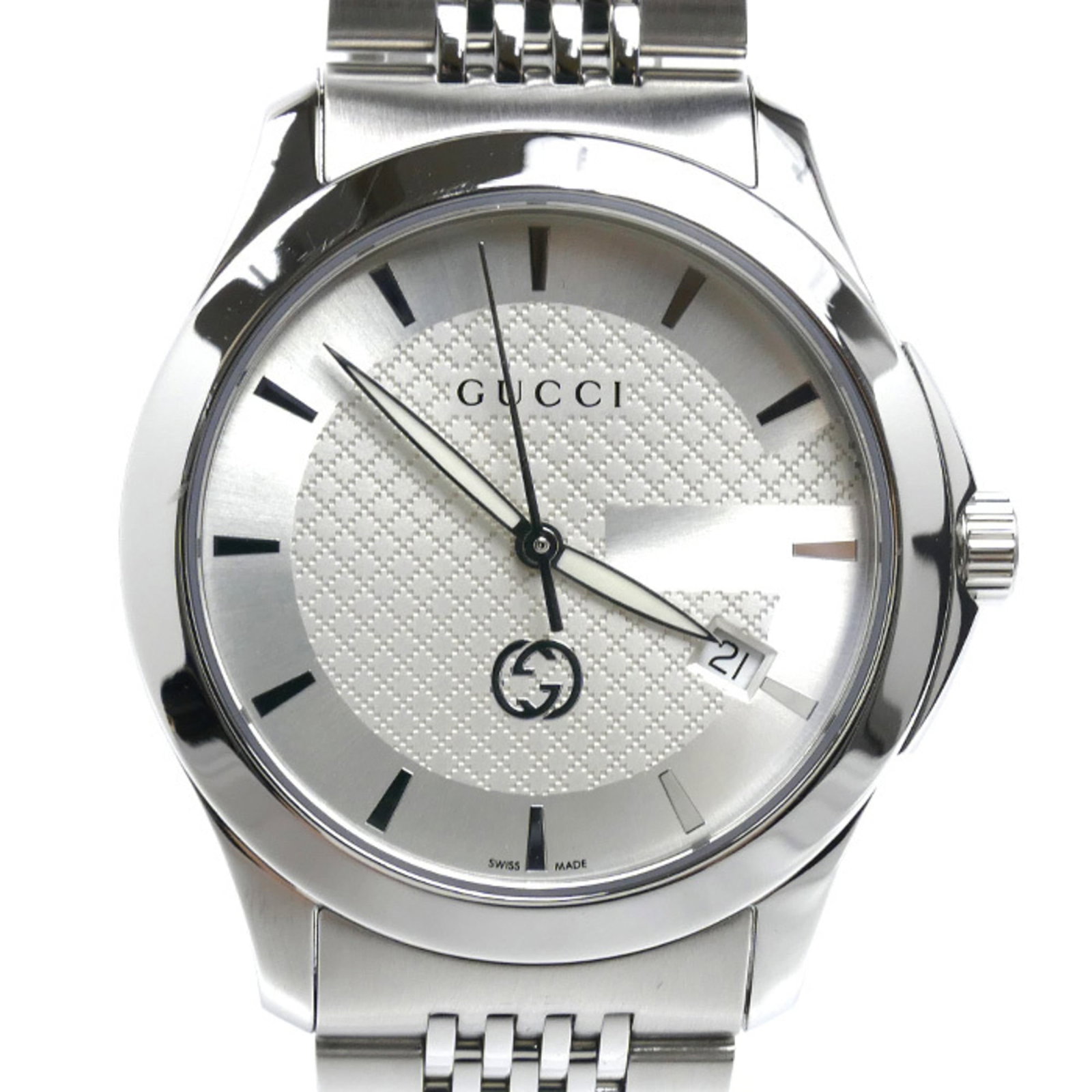 Gucci Wristwatch: Gucci Wristwatch Stainless steel case and band, silver dial, quartz movement, and classic 38mm size make for a sleek and modern timepiece. The Gucci wristwatch boasts a timeless design that pairs