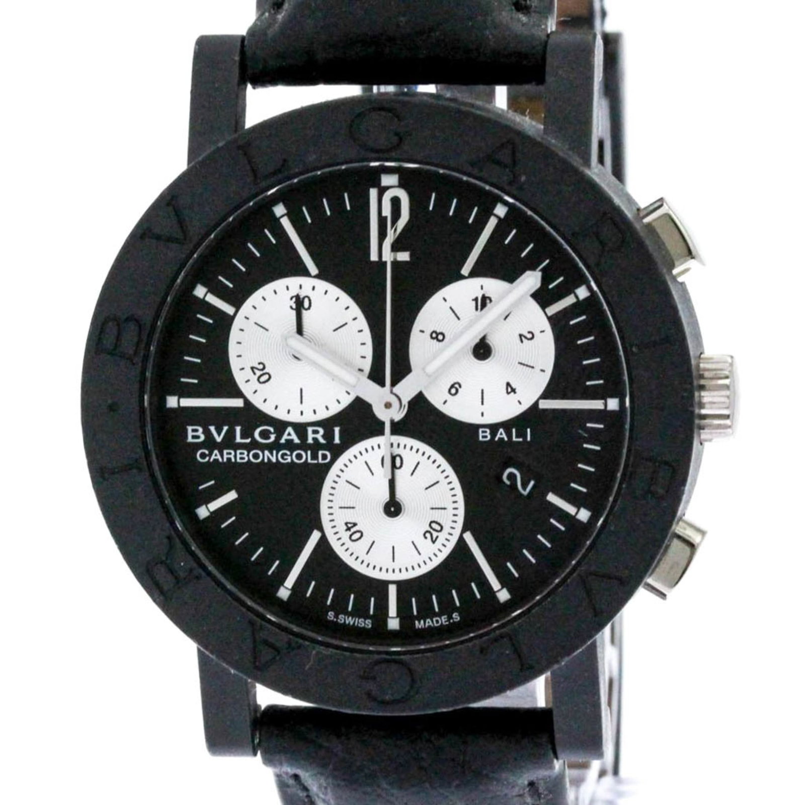 Bvlgari Wristwatch: Bvlgari Wristwatch Carbon and white gold (18K) meet sleek leather in this 38mm Bvlgari wristwatch, featuring a quartz movement with chronograph and date functions. The sporty design boasts a black