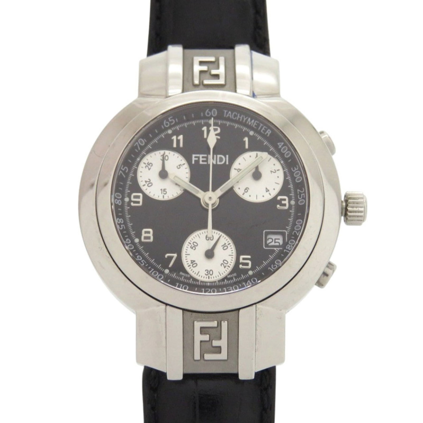 Fendi Wristwatch: Fendi Wristwatch Stainless steel case and band, the Fendi wristwatch boasts a sleek black design. Featuring a quartz movement and chronograph function, this timepiece offers precision and versatility.