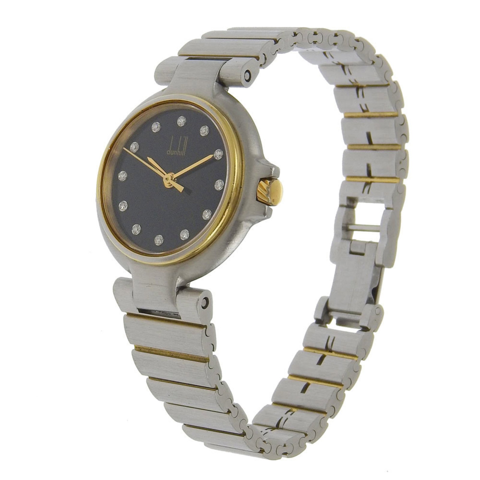 Wristwatch from Dunhill: Wristwatch from Dunhill Gold plated and stainless steel construction adds a touch of sophistication to this sleek Dunhill wristwatch, featuring a black dial and quartz movement. The 28mm case diameter