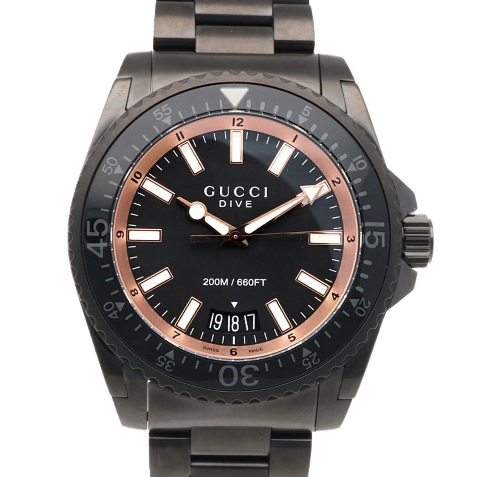 Gucci Wristwatch: Gucci Wristwatch Stainless steel case and band, the Gucci wristwatch boasts a sleek black dial. Measuring 45.5mm in diameter, it's designed to fit wrists up to 19.5cm in size. Powered by a reliable