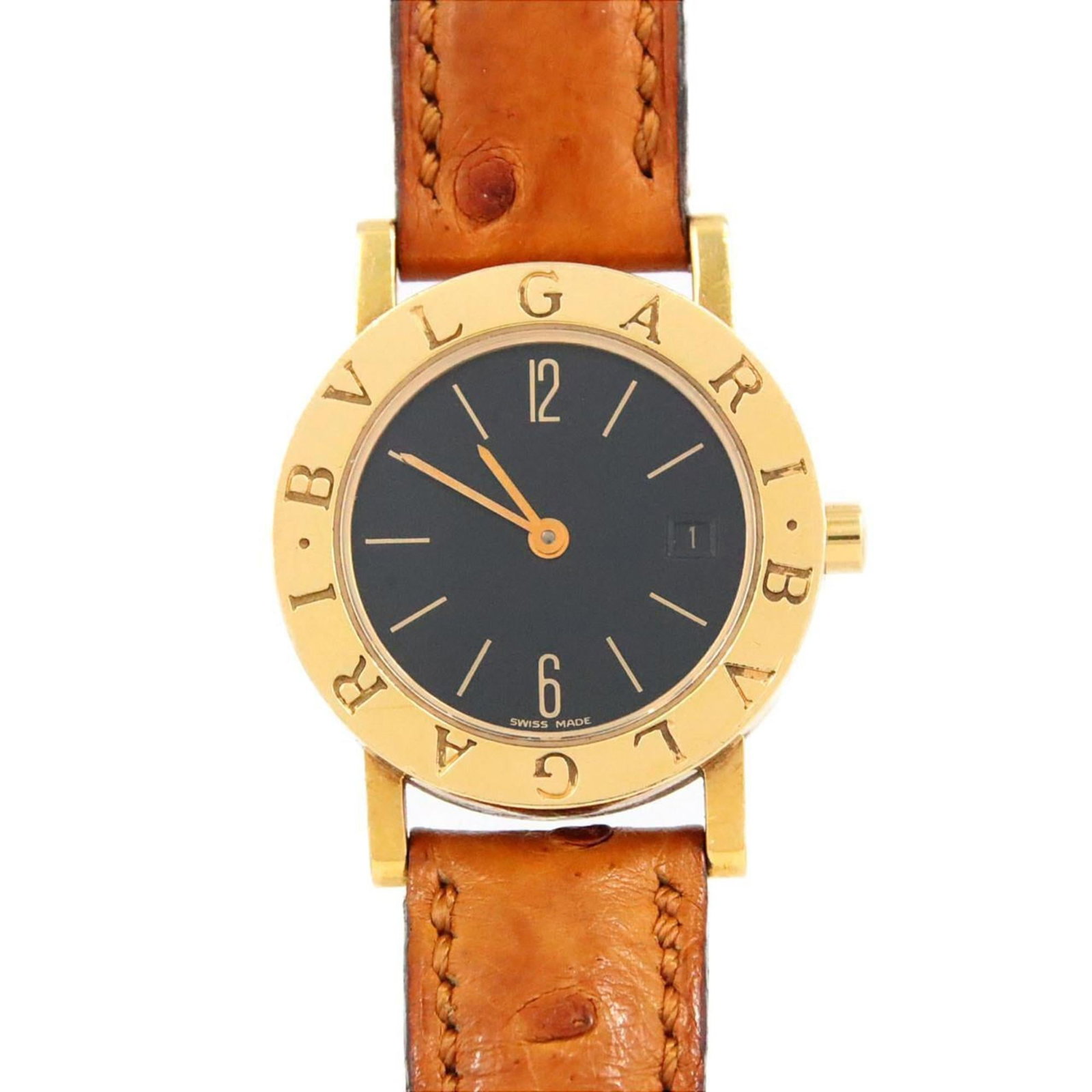Bvlgari Wristwatch: Bvlgari Wristwatch Yellow gold Bvlgari wristwatch with a black dial, featuring a quartz movement and a case diameter of 26mm. This stylish timepiece boasts a sleek design that suits a woman's wrist.