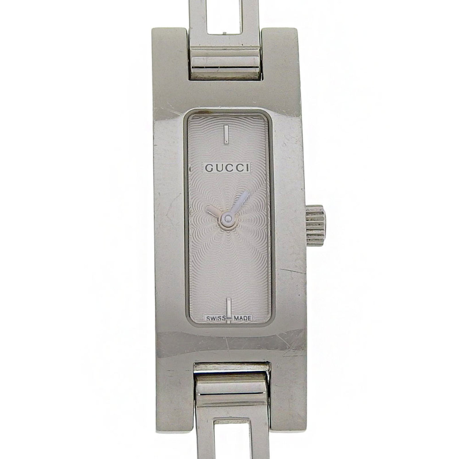 Gucci Wristwatch: Gucci Wristwatch Stainless steel case and band, silver dial, quartz movement make for a sleek and modern timepiece. The compact size of 12mm / 0.47'' fits comfortably on wrists up to 17cm / 6.69''.