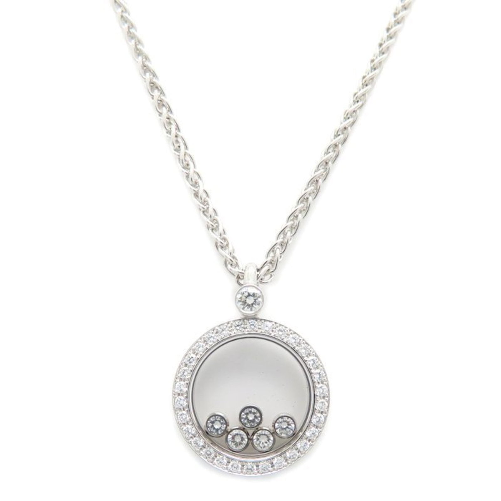 Chopard Happy Diamonds Necklace 5 Moving Diamonds 18K White Gold Women'S Size 79 3926 0 295492: Chopard Happy Diamonds Necklace 5 Moving Diamonds 18K White Gold Women'S Size 79 3926 0 295492 Chopard's Happy Diamonds Necklace showcases five moving diamonds in an elegant 18K white gold setting,